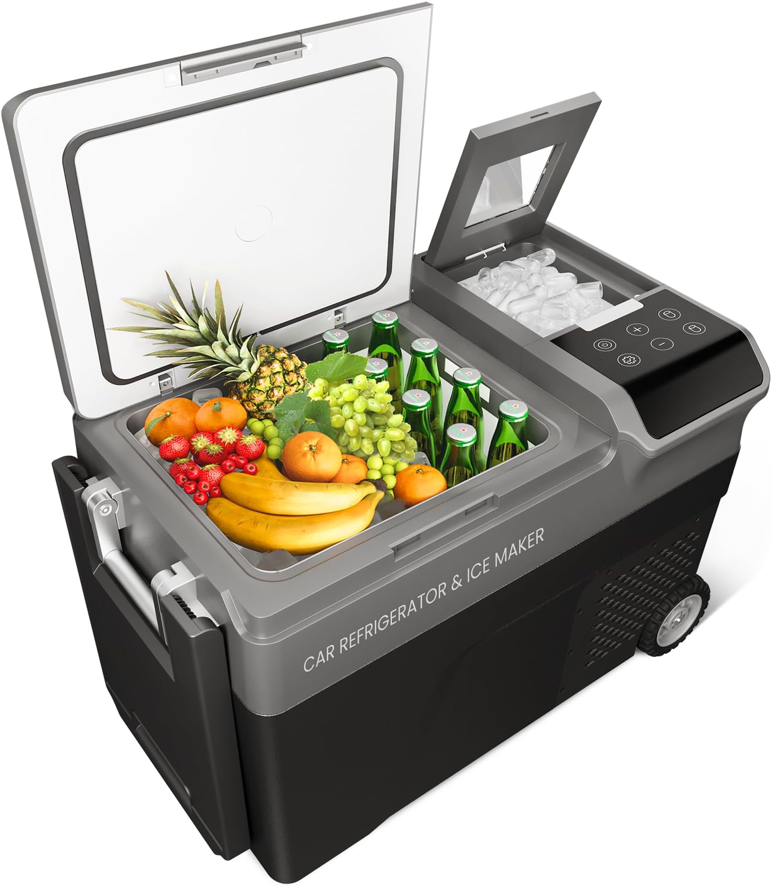 40QT Car Refrigerator with Ice Maker, 12 Volt Car Cooler with Wheels, Portable Refrigerator -4℉-68℉ with AC & DC Charger, Electric Cooler, Car Freezer for Travel, Home, Camping, Outdoor