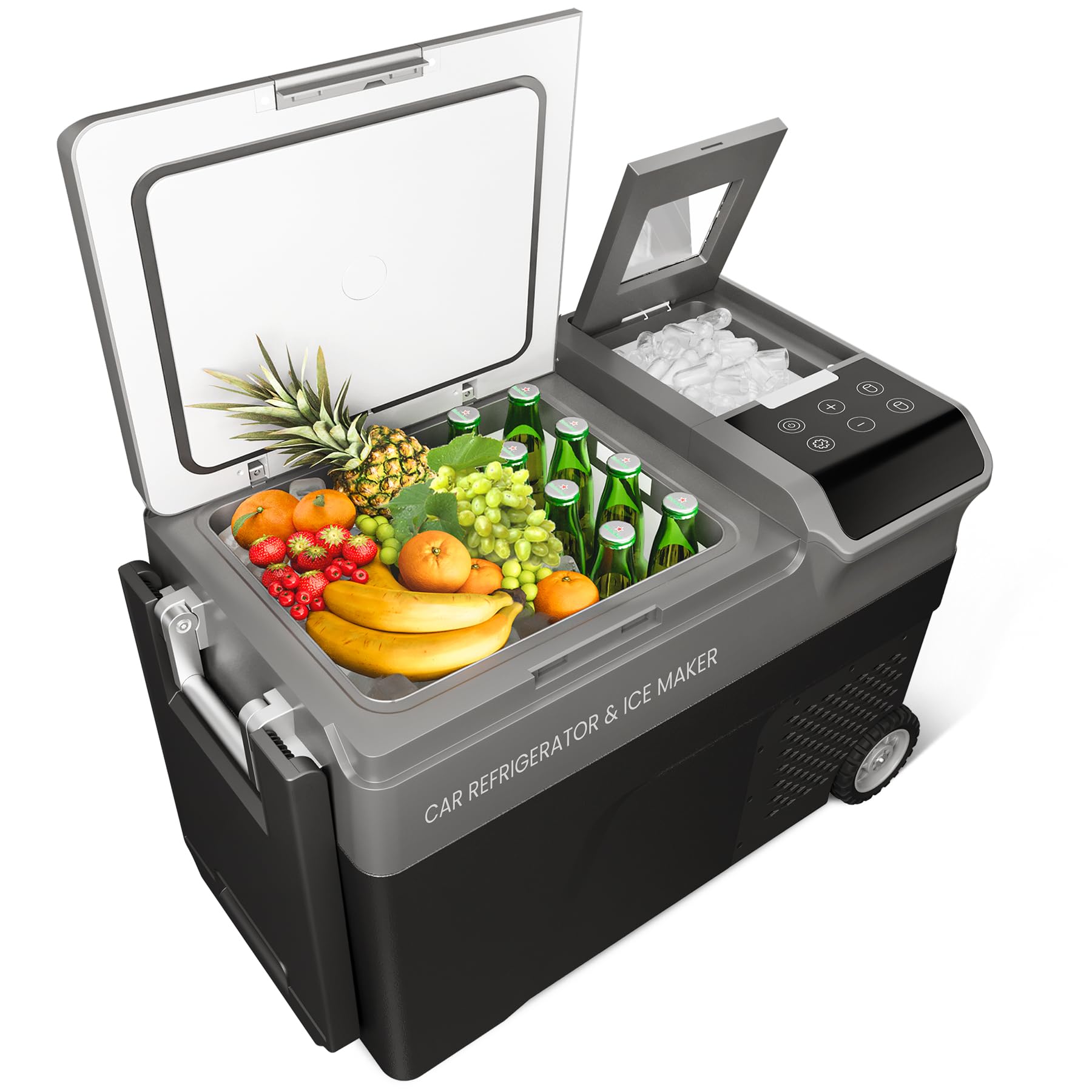 40QT Car Refrigerator with Ice Maker, 12 Volt Car Cooler with Wheels, Portable Refrigerator -4℉-68℉ with AC & DC Charger, Electric Cooler, Car Freezer for Travel, Home, Camping, Outdoor