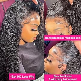 Pizazz 13x4 HD Transparent Lace Front Wigs Human Hair with Baby Hair Bleached Knots Black Color 180 Density Brazilian Deep Wave Human Hair Wigs for Black Women(20 Inch, Black color)