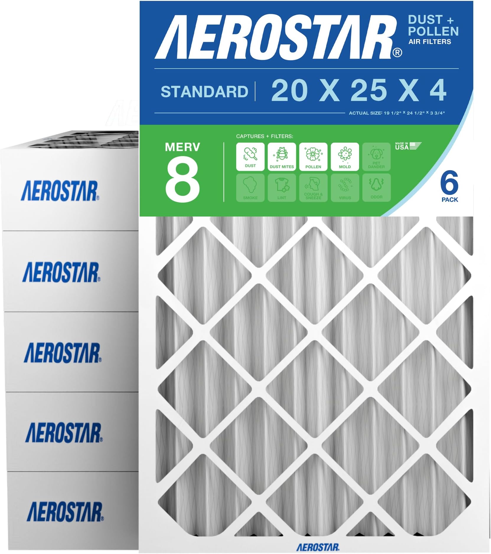 Aerostar 20x25x4 MERV 8 Air Filter, 6 Count, ACTUAL SIZE (19.50 x 24.50 x 3.75) HVAC, Furnace Filter for Allergies, Dust, Pet Dander & Smoke (MPR 1500 / FPR 10) Fits Lennox & Honeywell Devices