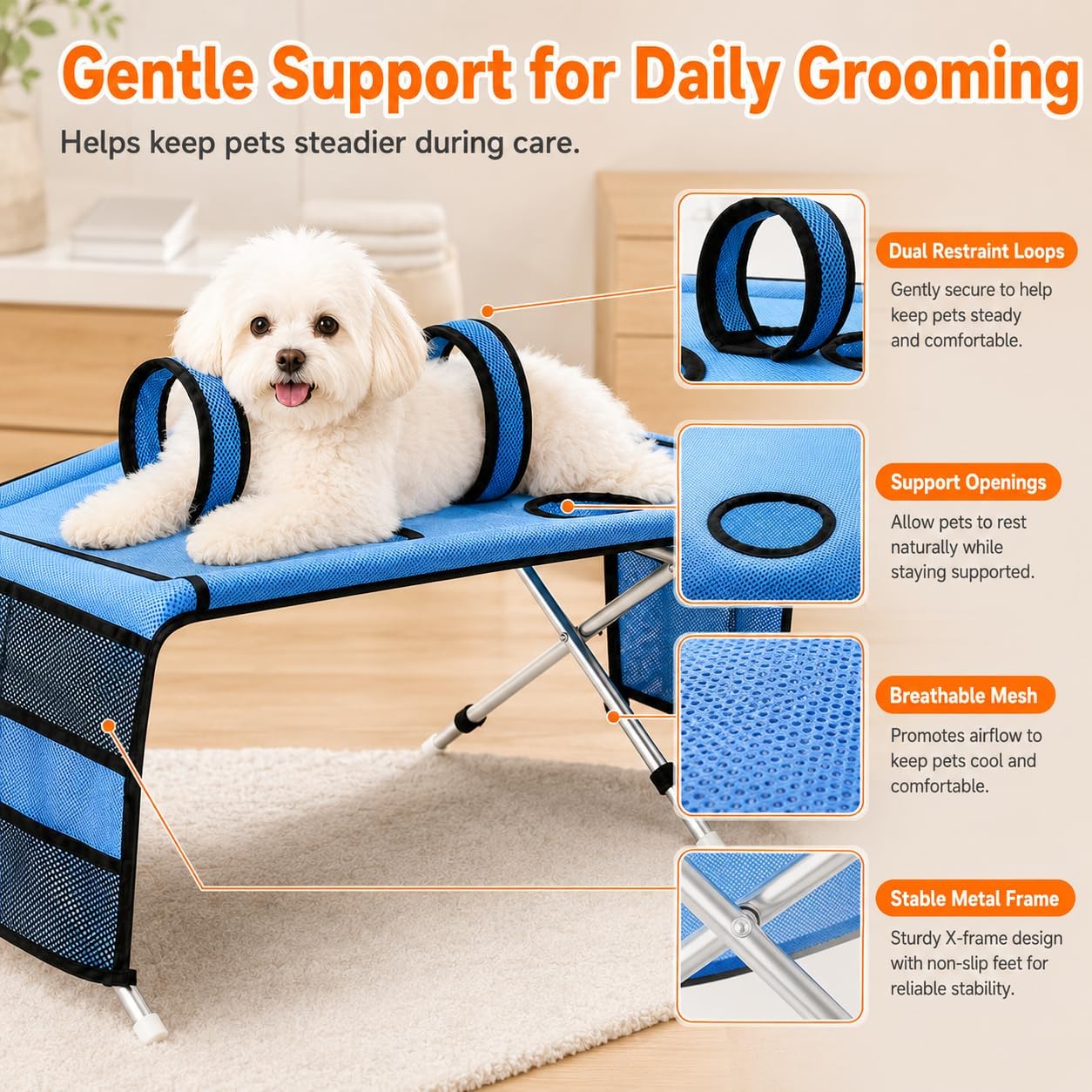 2027 Upgrade Dog Bathing Bed - 2-in-1 Foldable Pet Grooming Bed, with Hammock & Stand and Strap, for Small Dogs & Cats Bathing,Nail Clipping,Ear Cleaning and Daily Care (Khaki,Upgraded) image 4