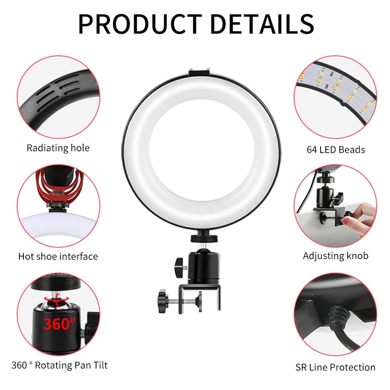 Luce ad Anello da 6" Luce per Selfie con Clip, Lampada Anulare Regolabile LED Ring Light 3 Farbe und 10 Helligkeitsstufen per Youtube,Trucco, Tik Tok, Fotografia