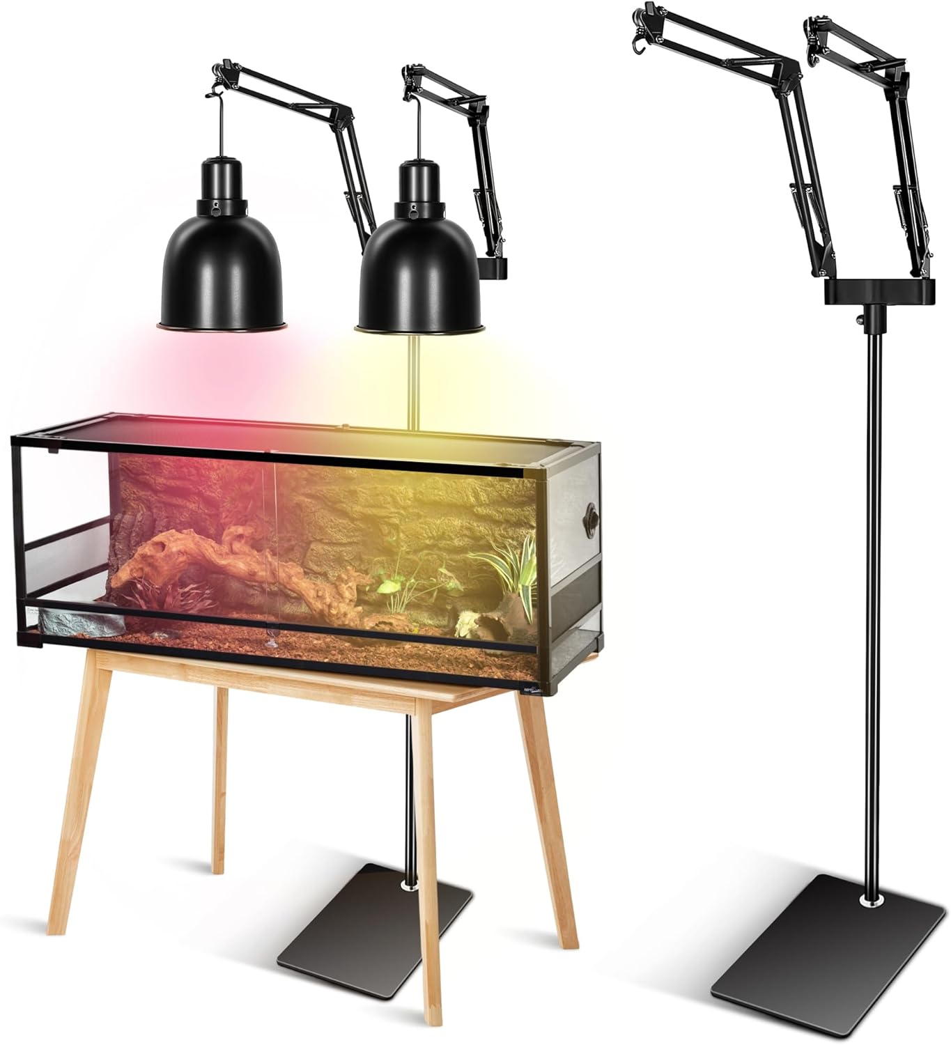Enhon Reptile Heat Lamp Stand, Dual Reptile Light Stand with Two Flexible Brackets, Adjustable Heat Lamp Stand (15.7-74.3inch) with 360° Swing Arm and Anti tip Clip for Bearded Dragon Turtles Snake
