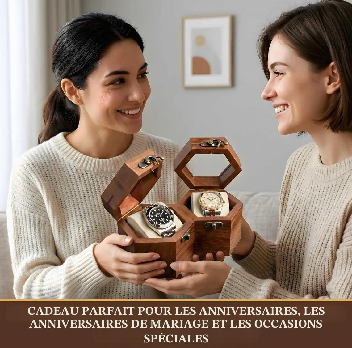 Boîte à Montres Double Fente pour Homme - Rangement en Palissandre Foncé - Cadeau de Saint-Valentin - Organisateur