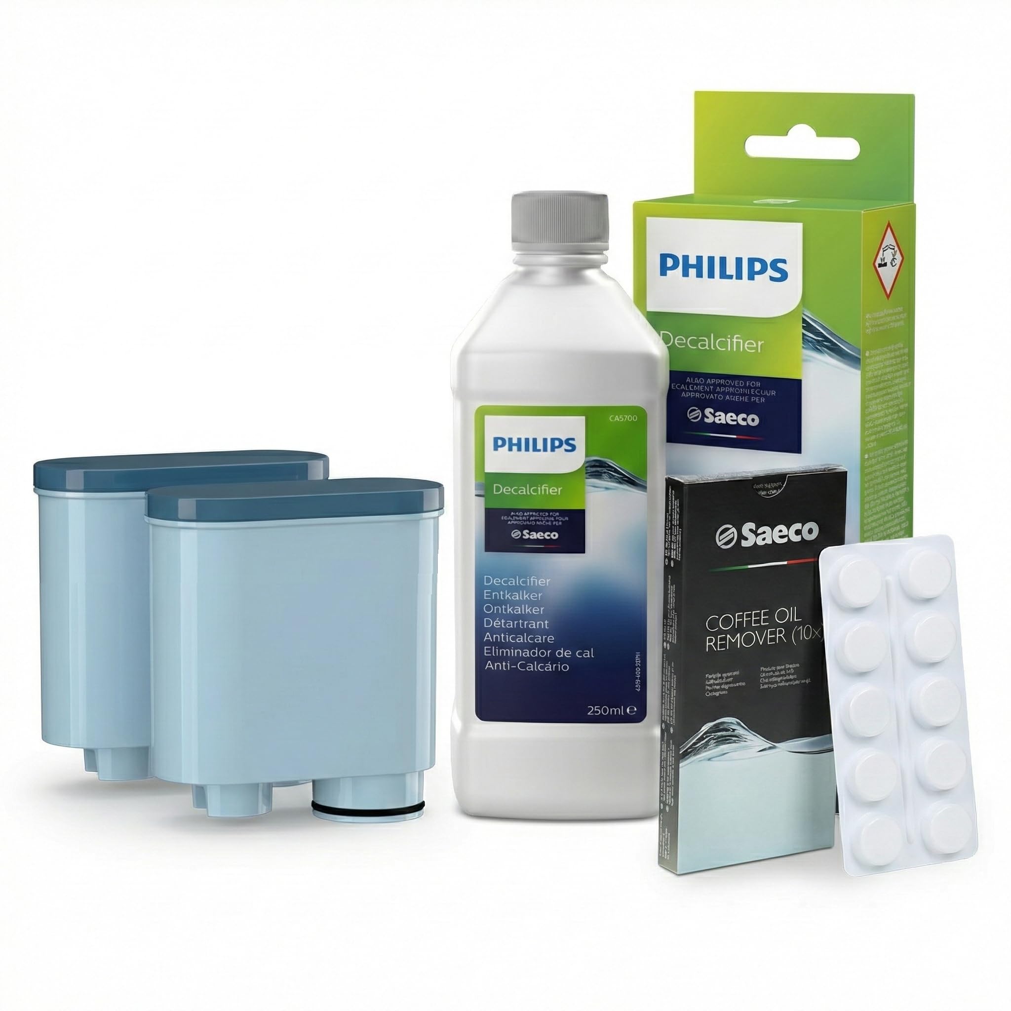 Pflegeset für Kaffeevollautomaten Philips Kaffee-Öl-Entferner Tabletten, Entkalkungsflüssigkeit Decalcifier 250ml und 2 Aquafloow-Filter für Saeco AquaClean Kaffeemaschine