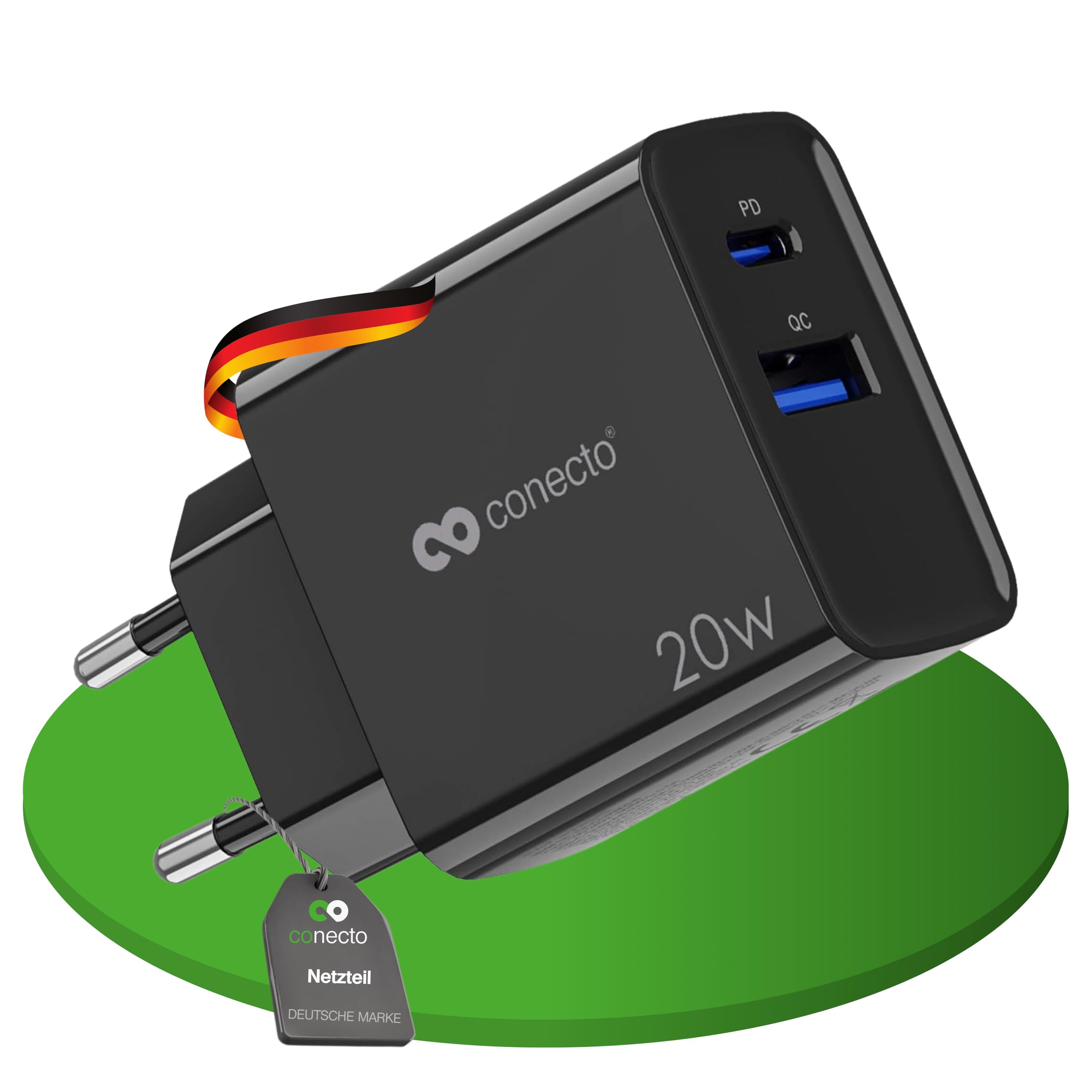conecto Ładowarka USB C, 2-portowy adapter, zasilacz sieciowy 20 W, szybka ładowarka kompatybilna z Apple iPhone 15, Samsung, tabletem, laptopem UVM, ładowarką PD QC, czarna