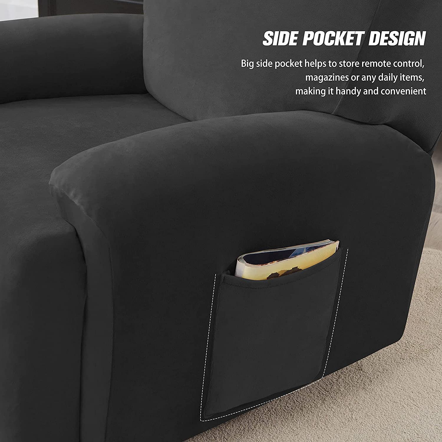 4-teilige Samt Ruhesessel Bezüge, Stretch Velvet Plush Relaxsessel Bezug für Wohnzimmer mit Seitentasche, Sesselschoner für Fernsehsessel, Sitzbreite 58-89cm (Schwarz)