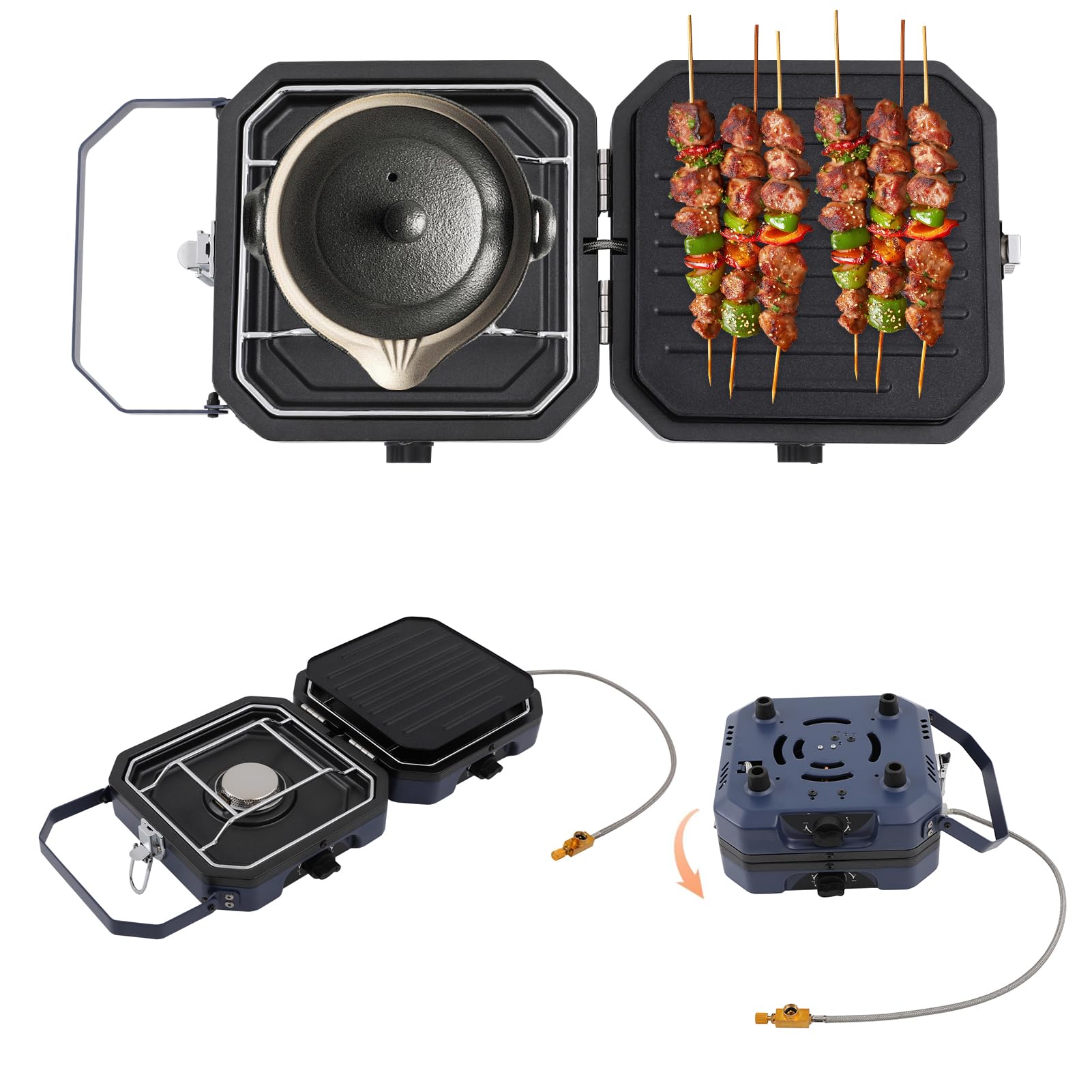 Camping Kocher, 2-Flammig Campingkocher Gas Faltbar, 2,3+2,3 KW Gaskocher Camping mit Zünder & Gasschlauch für Outdoor BBQ, Gartenparty, Butan