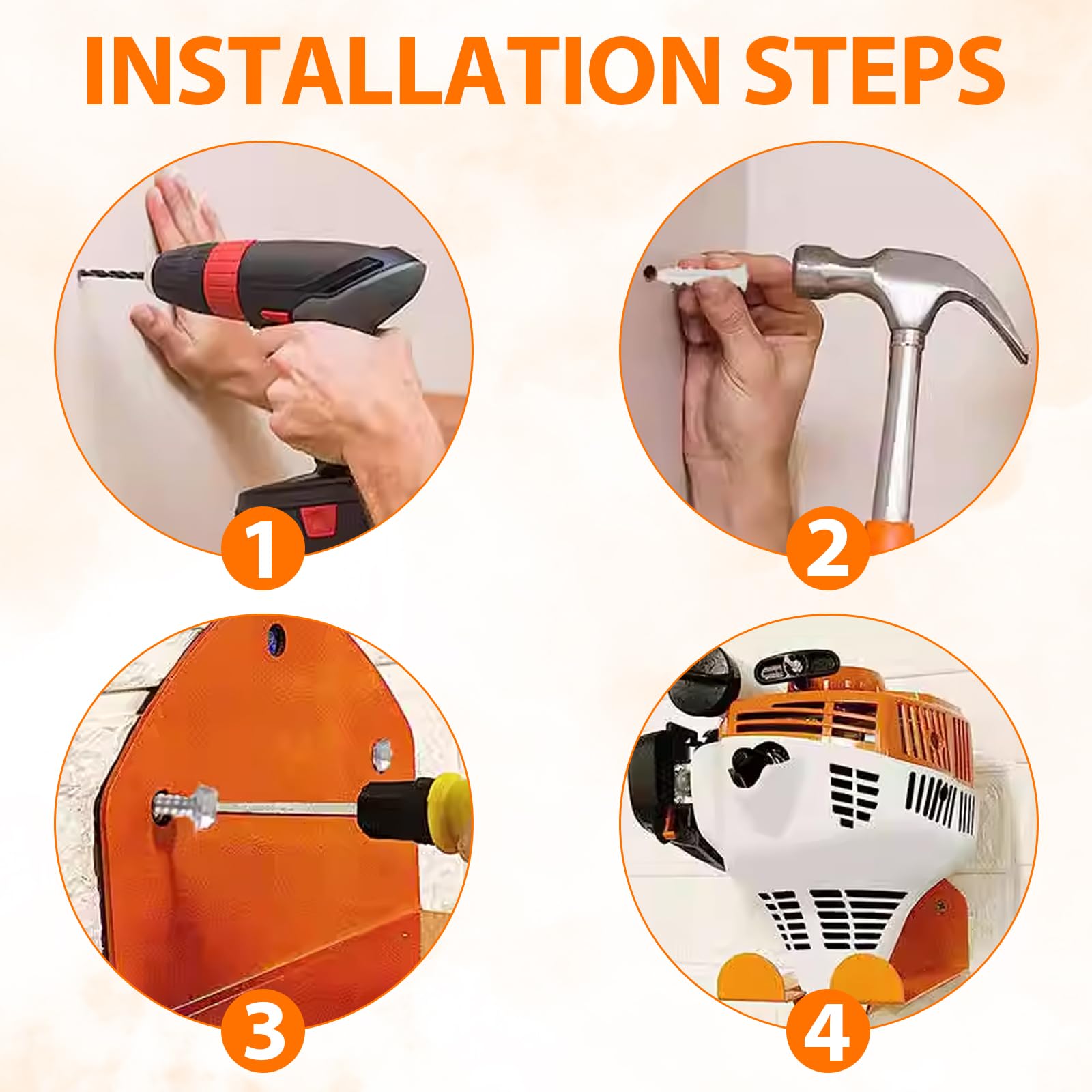 2 pièces Support pour débroussailleuse, Support mural en acier pour débroussailleuse, Support pour outils de jardinage électriques, Organisateur de garage, Orange