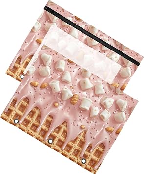 Boccsty Sprinkles Marshmallows Almond Nuts Glaze Caramel Ice Cream Binder Pouches Pencil Pouch 3 Hole Zipper Pen Case Bag Holder A4 Clear Window for Office School College Supplies