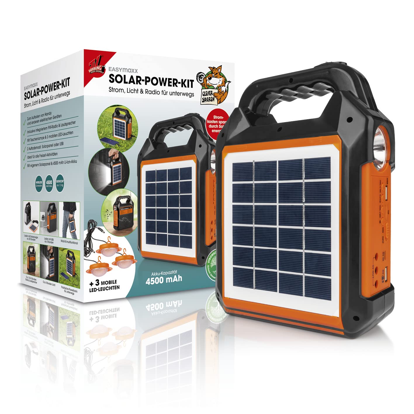 EASYmaxx Kit Generador Solar 4.000mAh | 2 Modos de Carga: Panel Solar/USB | para Cargar teléfonos móviles, Power Banks, etc. | Radio FM integrada y Altavoz incluidos