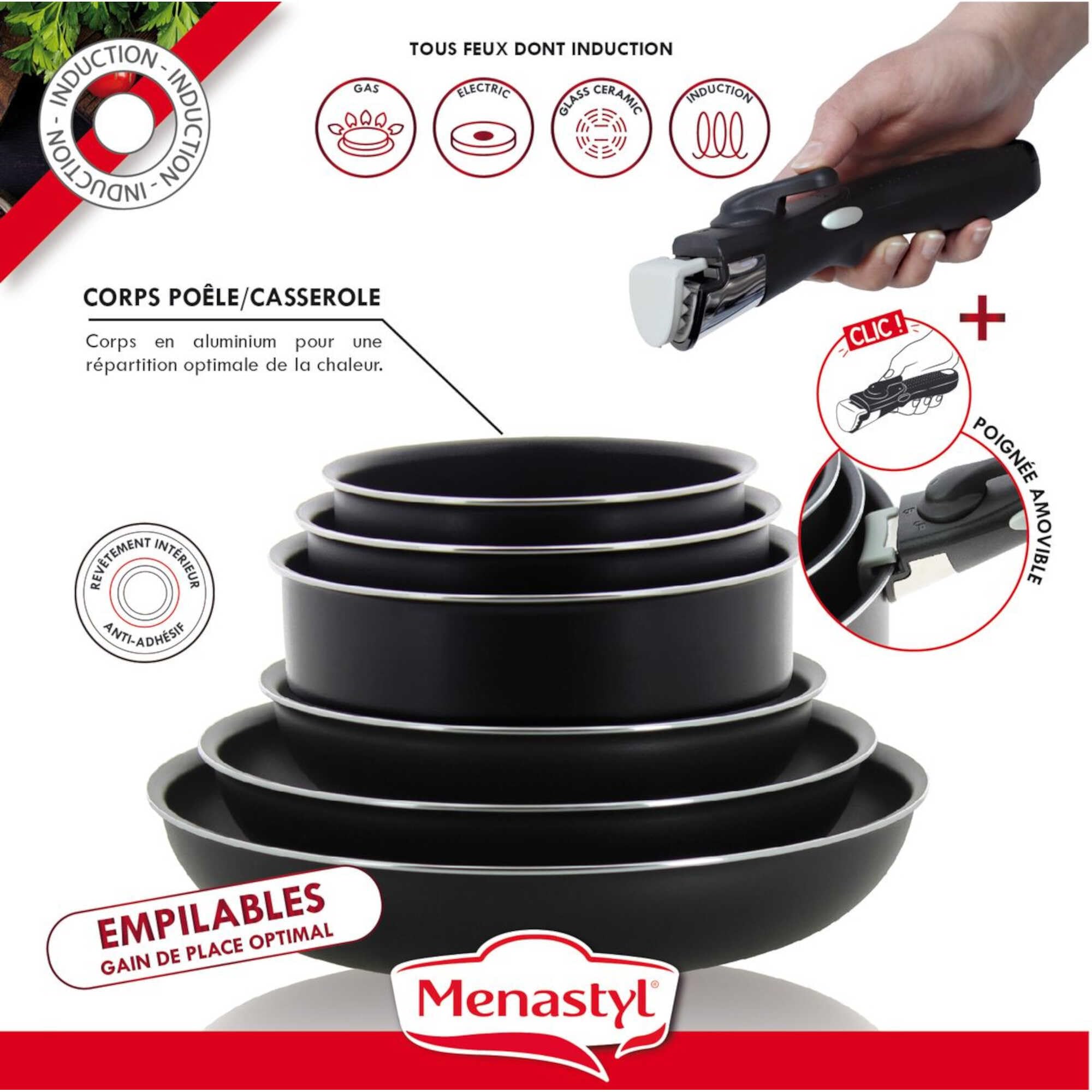 MENASTYL - Batterie de cuisine amovible 8 pièces antiadhésives tous feux dont induction et lave-vaisselle – Lot de 3 poêles 20/24/28 cm + 3 casseroles 16/18/20 cm + 2 poignées amovibles sécurisées