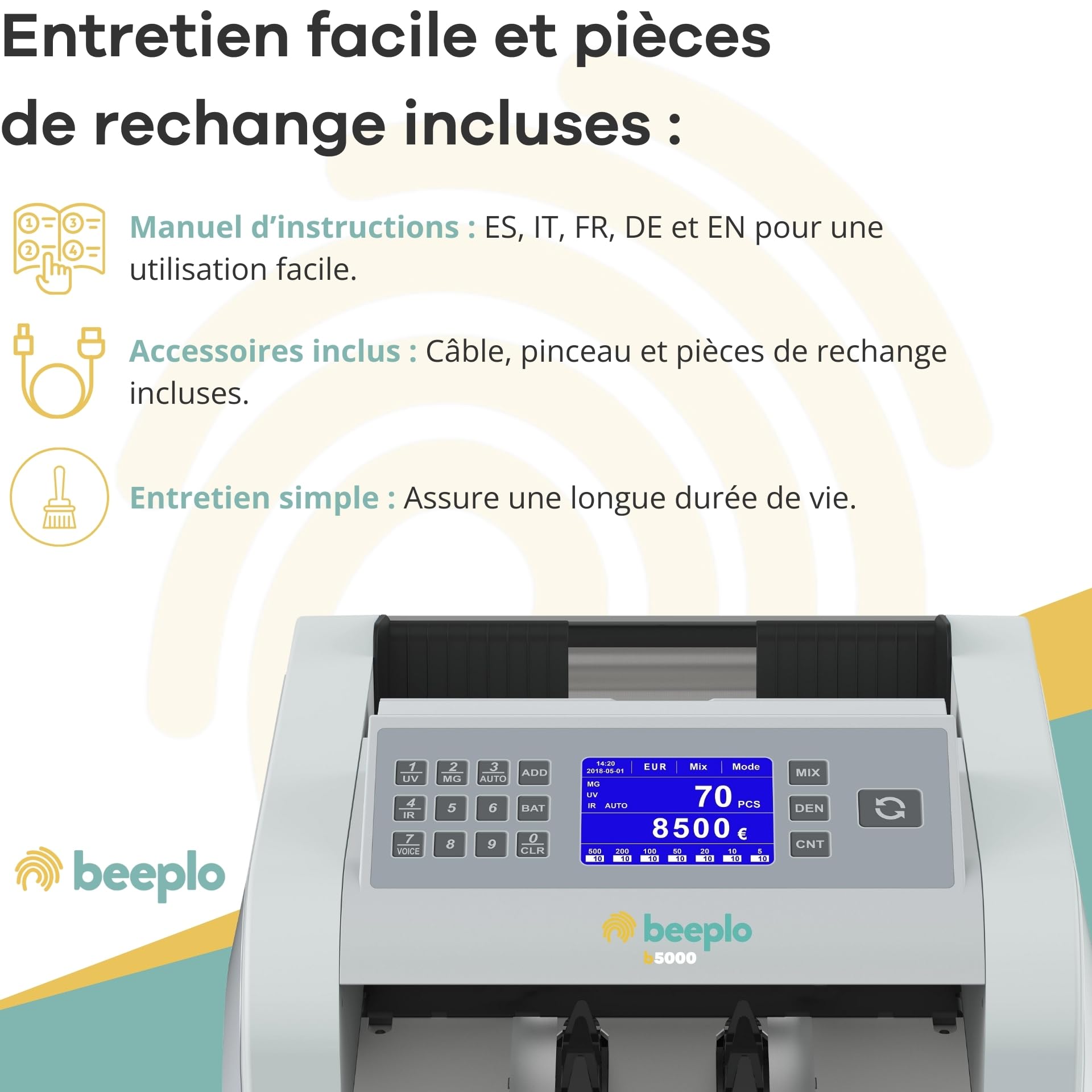 b5000 Compteuse Totalisatrice de Billets EUR | 5 Systèmes de Détection, Compte et Totalise, Détecte les Billets, Précision Totale, Garantie 4 ans
