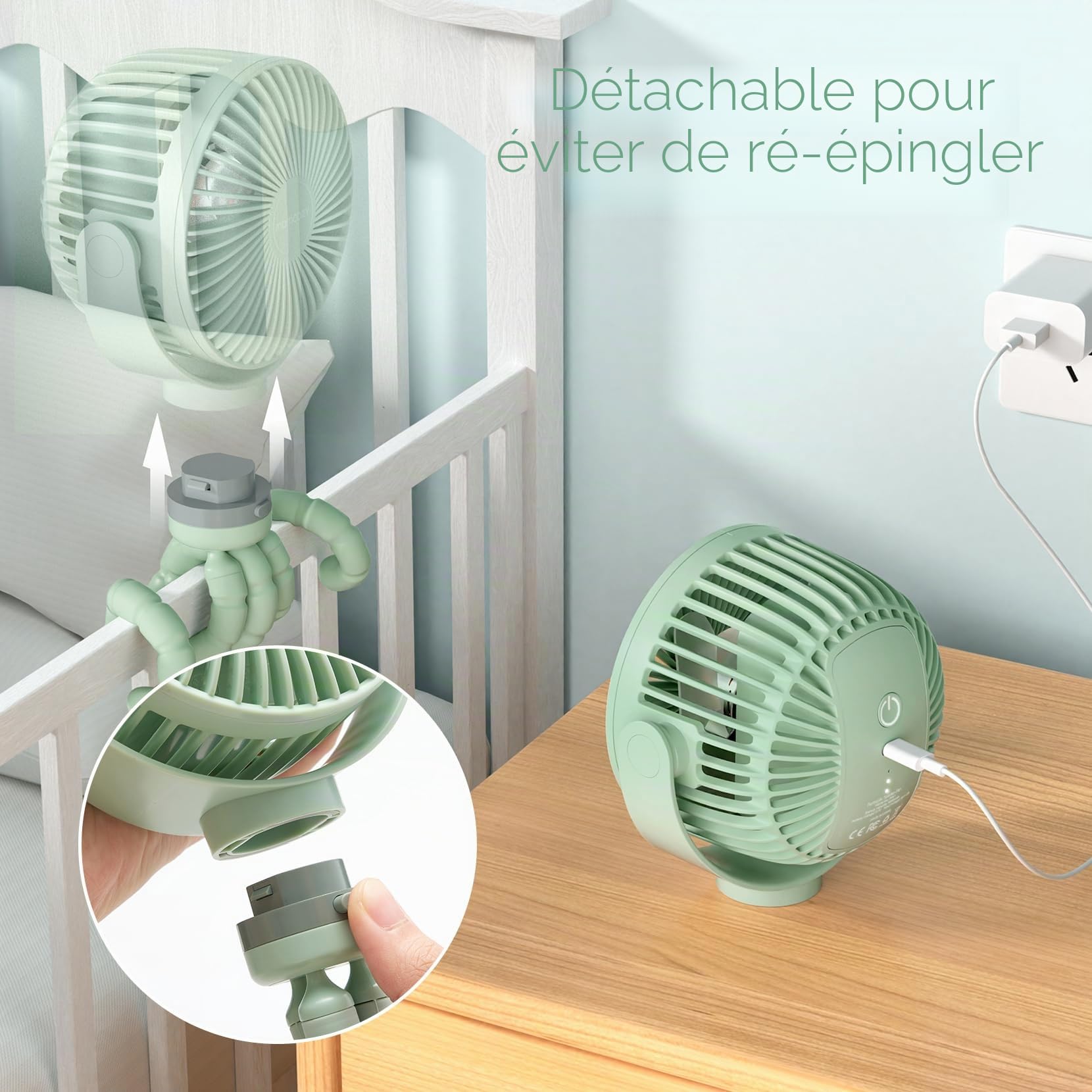 momcozy 8000mAh Ventilateur de Poussette Portable, Batterie de 27 Heures, Rotation Détachable à 4 Vitesses à 360 °, Veilleuse,Ventilateur de Rechargeable par USB,Voyage, Siège, Chambre (vert clair)