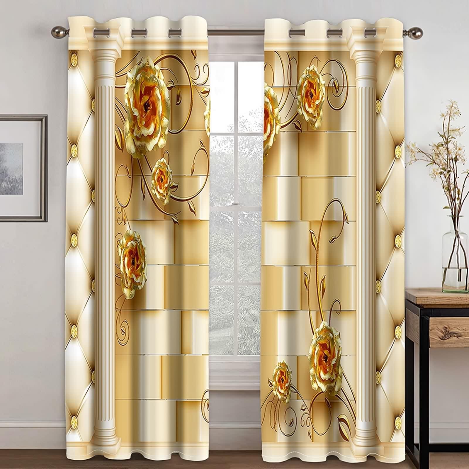 Rideau Chambre Adulte, Rideau Fenetre Or Jaune Polyester Toile de Fond 3D avec des Fleurs 244L x 274H CM Lot de 2
