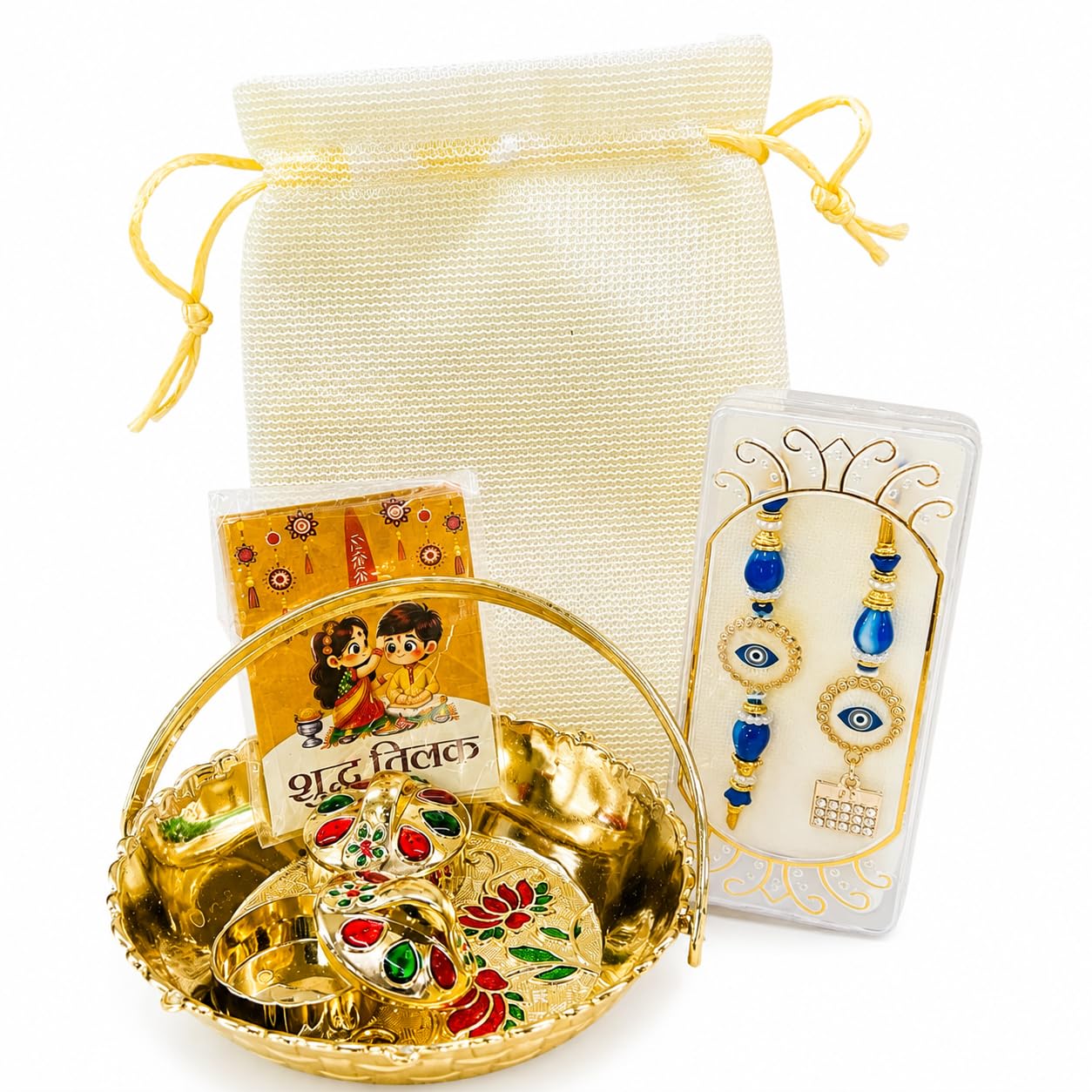 Bhaiya Bhabhi Evil Eye Rakhi Gift Hamper with Decorative Pooja Basket, Potli Bag, Kumkum Chawal Dibbi, Roli Chawal Included | Raksha Bandhan Rakhi Combo Gift Set for Brother & Sister in Law-image-34