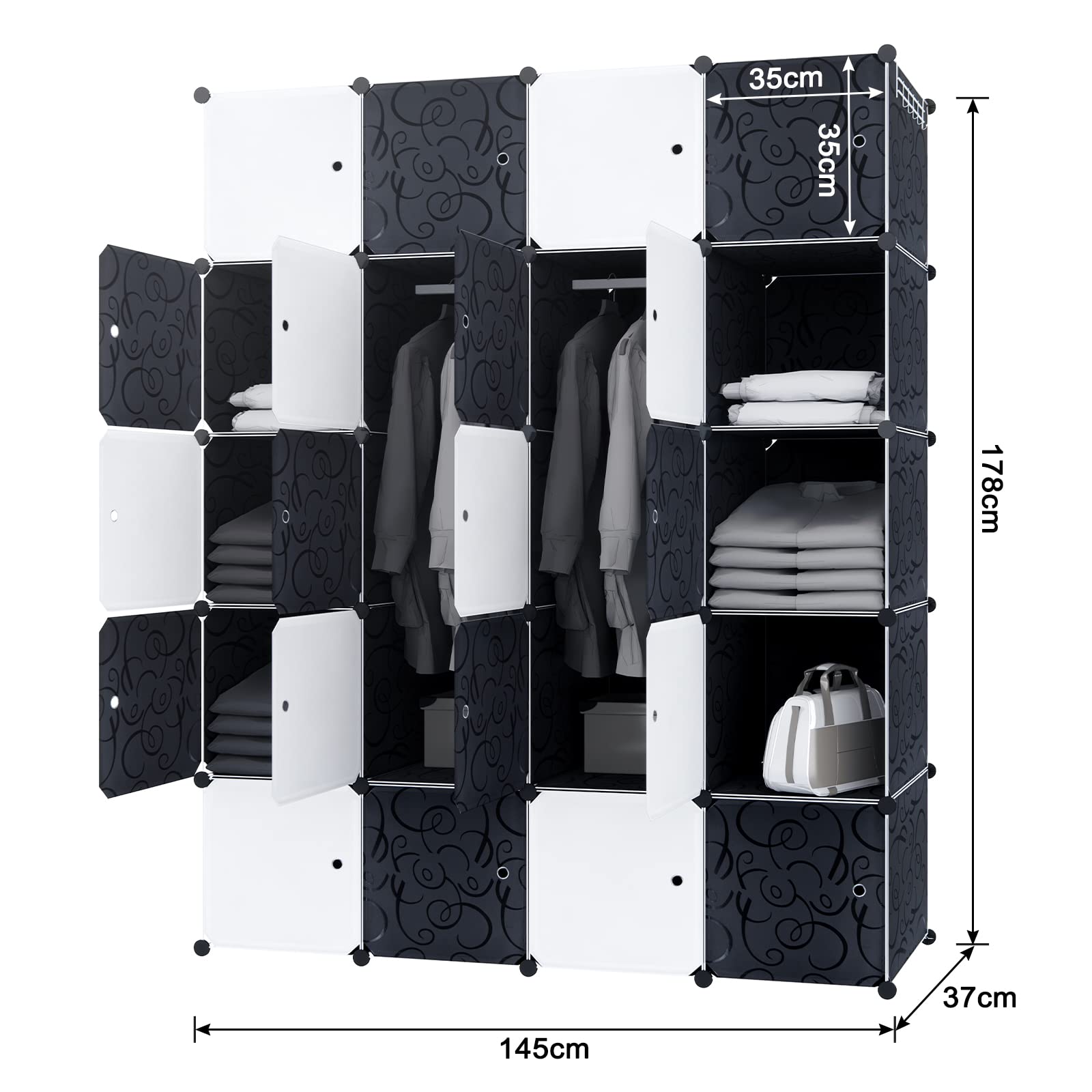 YUENFONG Kleiderschrank Organizer Garderobe DIY Regalsystem Steckregalsystem aus Kunststoff für Kleidung, Schuhe, Spielzeug und Bücher, Schwarz (20 Boxen mit Tür)