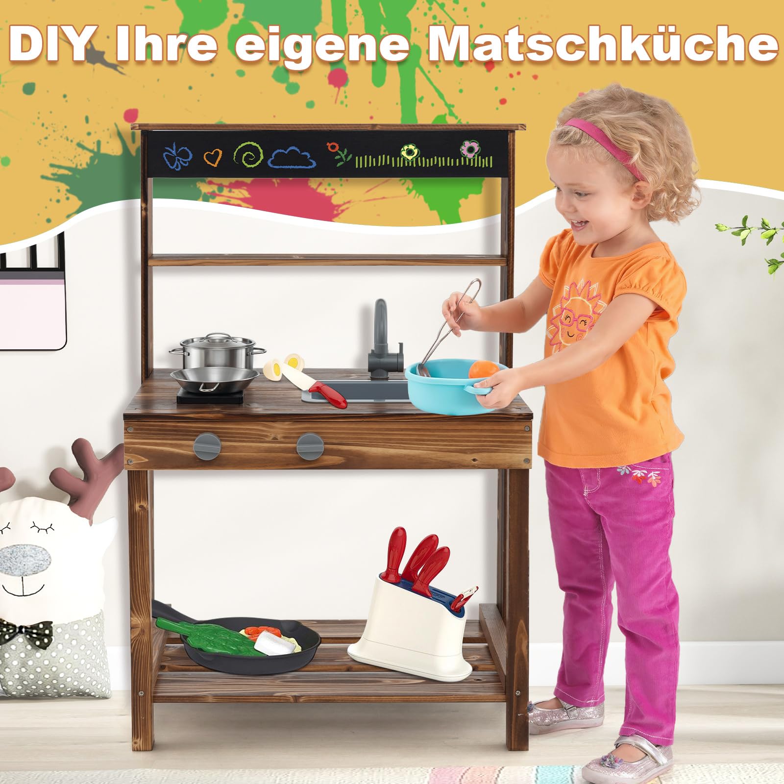 COSTWAY Modderkeuken Voor Kinderen, Outdoor, Kinderkeuken Hout Met Waterfunctie Speelkeuken Voor Kinderen Met Haak En Afneembaar Rek Tuinkeuken Cadeaus Voor Kinderen Vanaf 3 Jaar