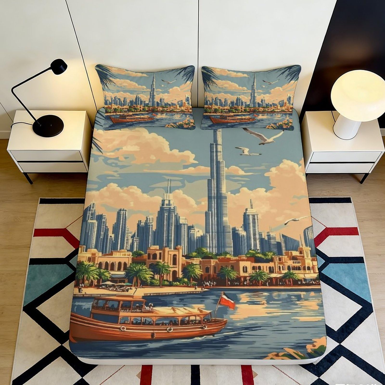 Pnayamiorkfel Style-8 3D Printed Dubai Skyline Fitted Sheet Microfiber Soft Decorative Boat Cityscape Mattress Cover For Bedroom Guest Room 90X200x25cm