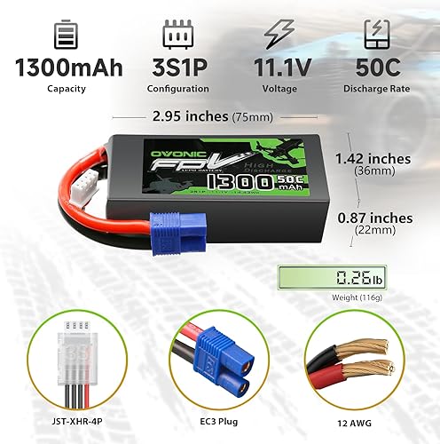 Miniatura 2 de OVONIC 3s Lipo Batería 50C 1300mAh 11.1V Lipo Batería con EC3 Conector para RC Avión Helicóptero Quadcopter FPV Racing Drone