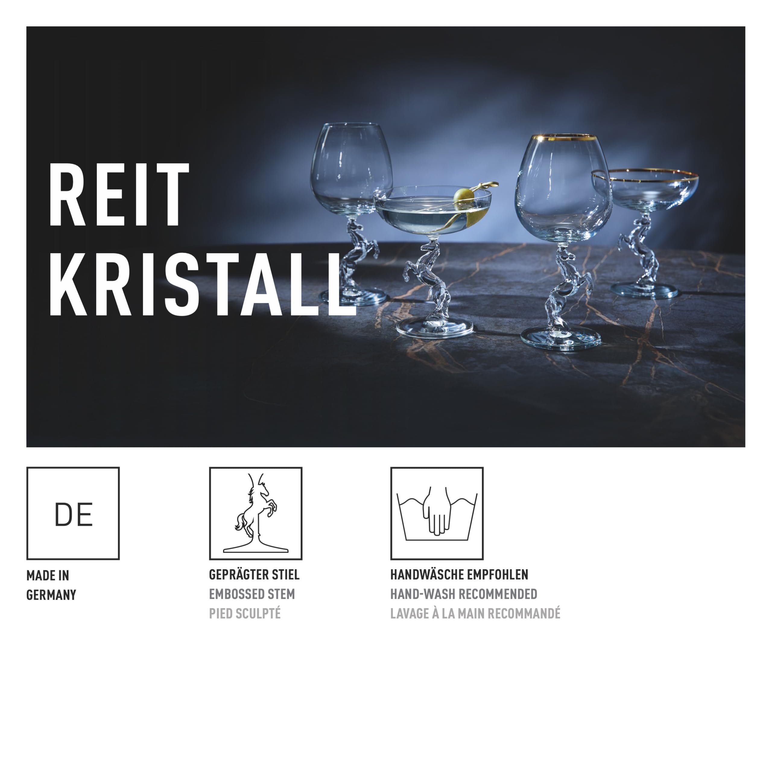 RITZENHOFF 9011001 Champagnerglas 200 ml, Serie Reitkristall – mit schlichtem, edlem Design und Stiel in Form eines steigenden Pferdes – Made in Germany