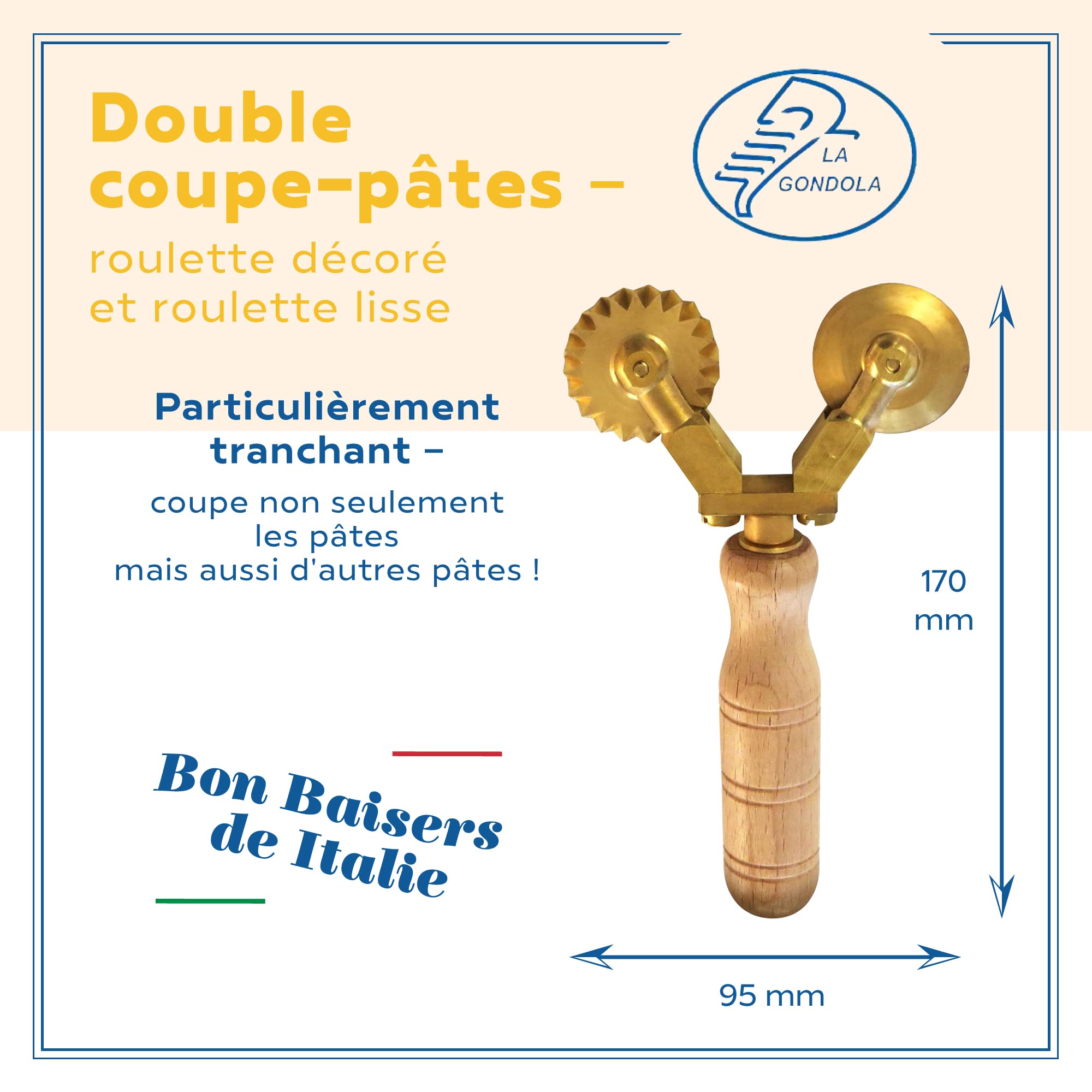 La Gondola Roulette Coupe-Pâtes - Double Roue (Décorée & Lisse) | Outil de Préparation des Pâtes | Laiton & Bois Naturel Roulette Découpe | Sûr et Facile | Roulette à Ravioli Fabriqué en Italie