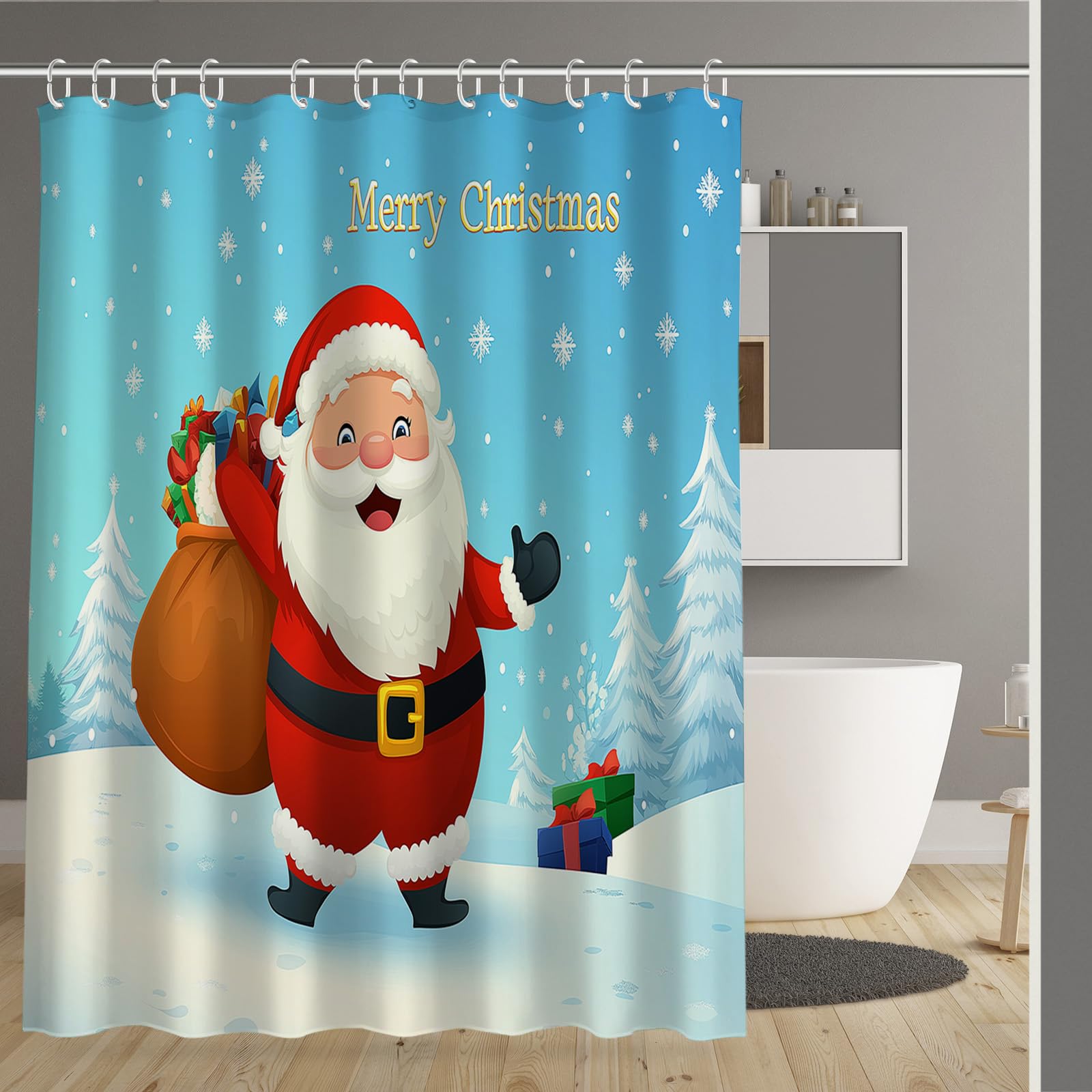 Rideau de douche 180x200cm Père Noël imperméable et lesté pour salle de bain
