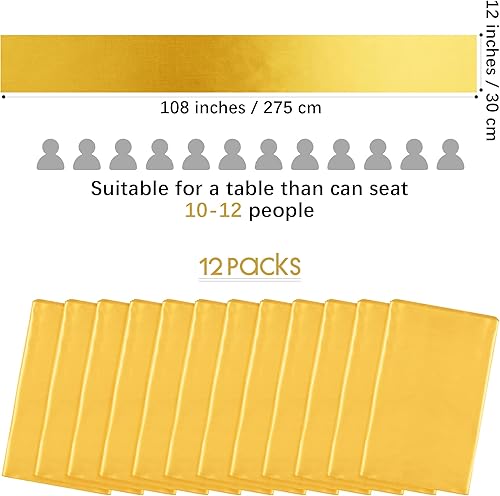 Miniatura 2 de Aneco Paquete de 12 caminos de mesa de satén de 12 x 108 pulgadas, color dorado, largo, de seda satinada, para bodas, banquetes, graduaciones,