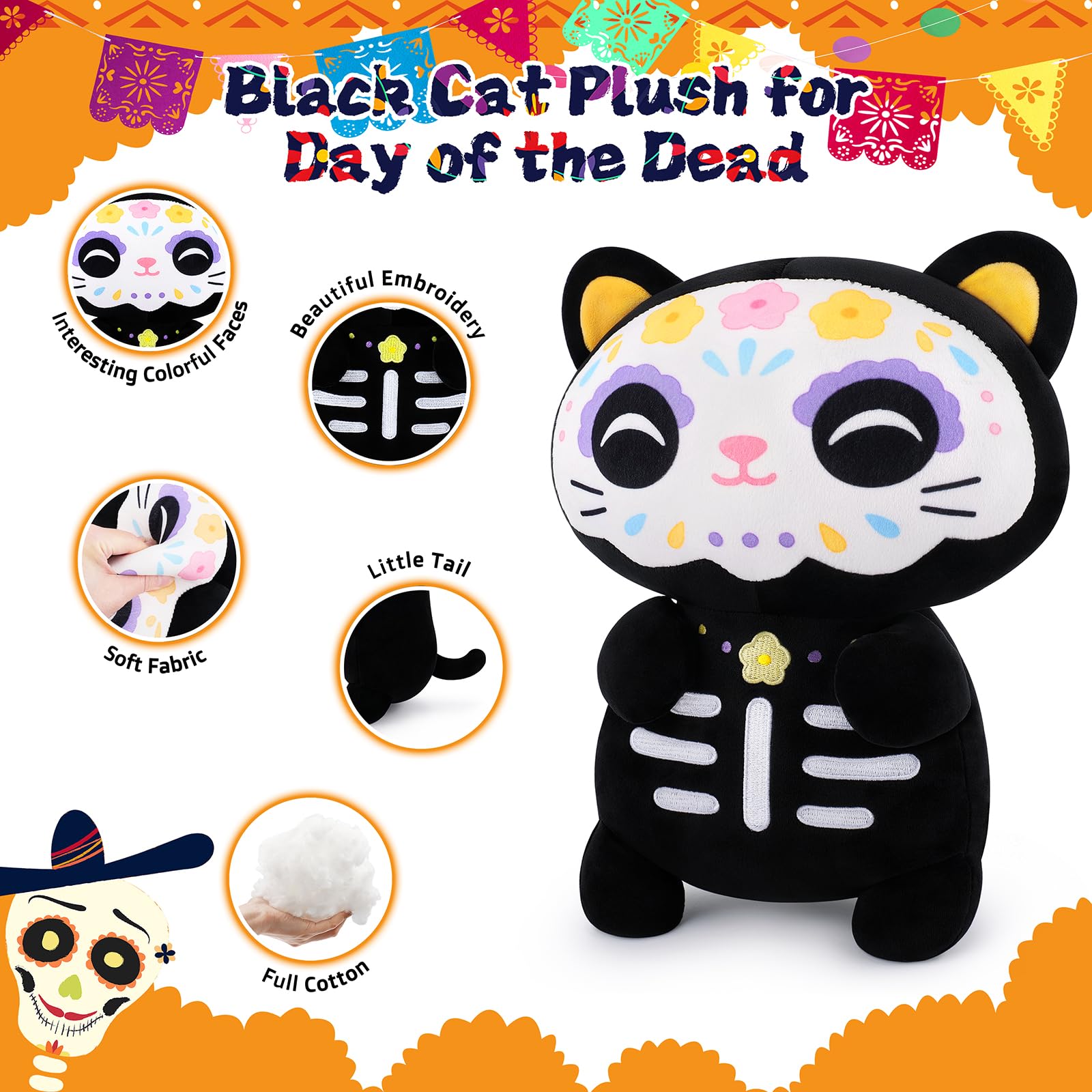 Stuffed Cat Halloween Plush Pillow Sugar Skull Decor Stuffed Black Cat, Day of the Dead Decoration Skeleton Kitten - Image 3