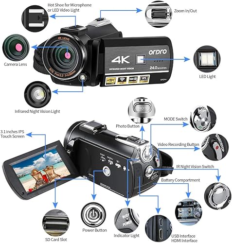 Miniatura 2 de ORDRO Videocámara 4K, cámara de video HD 1080P 60FPS cámara de vlog IR visión nocturna grabadora de video WiFi con tarjeta SD 64G, micrófono, luz