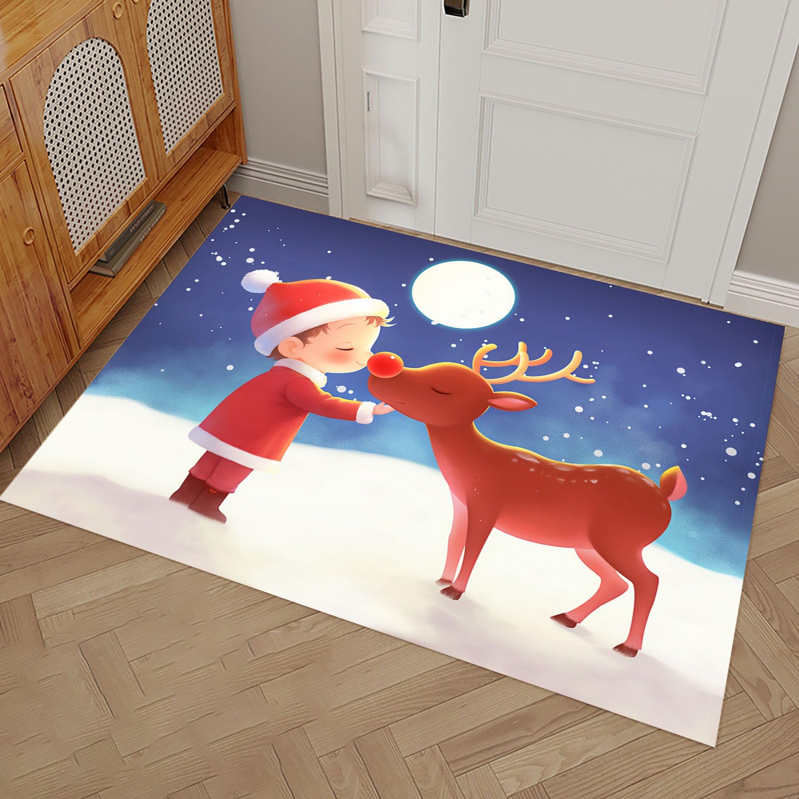 Felpudo de Interior 80x120cm, Diseño de Niño Reno, Lavable Antideslizante, Alfombrilla Dibujos Animados Plegable de Pelo Corto para Entrada, Alfombra Fácil de Limpiar, Púrpura