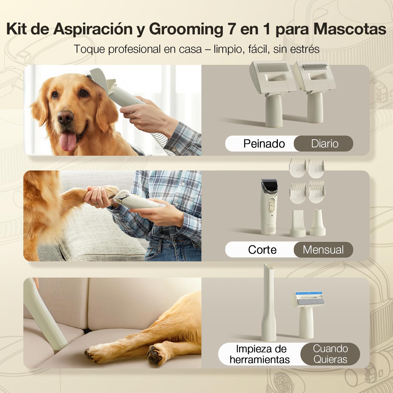 Maquinilla Eléctrica para Perros 7 en 1 con Aspirador de Pelo–Cortapelos Mascotas Silencioso 2,5L,Cepillo Aspirador para Perros y Kit de Higiene Profesional Amarillo