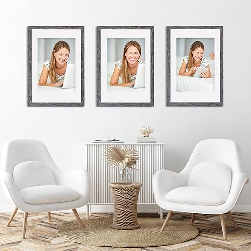Miniatura 7 de Marco de 12 x 18 pulgadas con paspartú, color gris, juego de 3 portarretratos de madera, para fotos de 8.5 x 11 pulgadas con paspartú o de 12 x 18