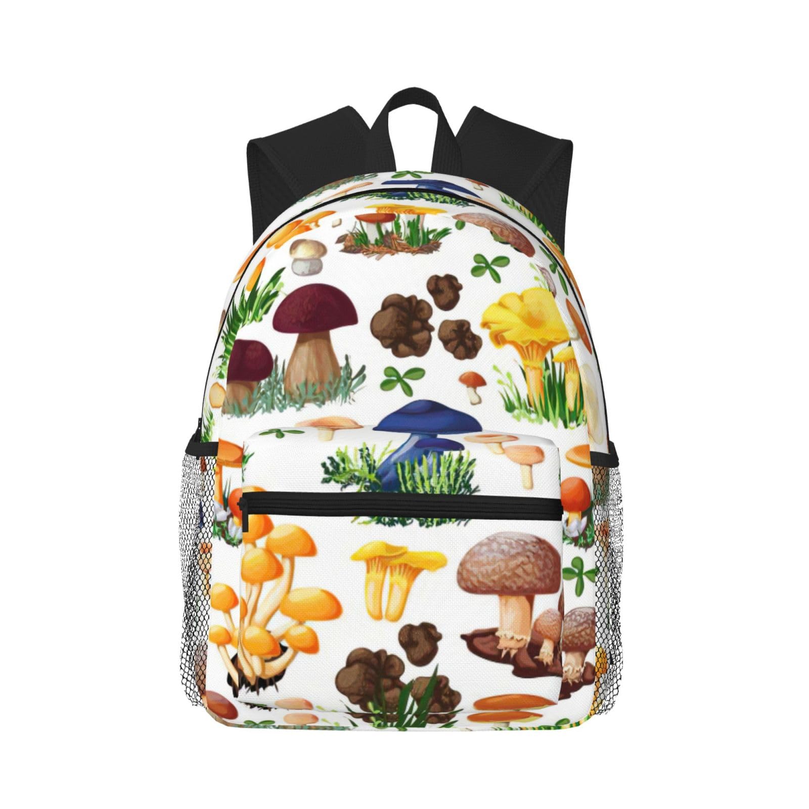 Sac à dos basique noir imprimé champignon japonais avec grand compartiment - 8