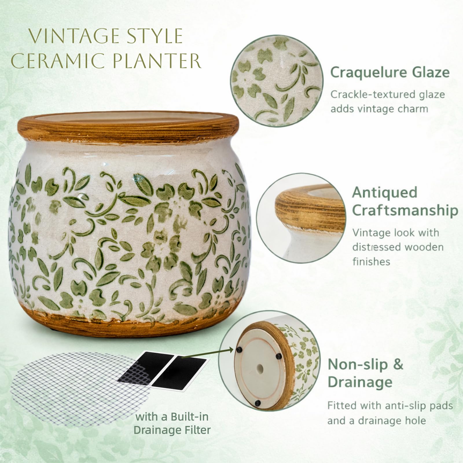 Maceta vintage de cerámica de esmalte agrietado de 6.3 pulgadas, macetas con agujero de drenaje, red de filtro reutilizable y base de goma antideslizante para interiores y exteriores