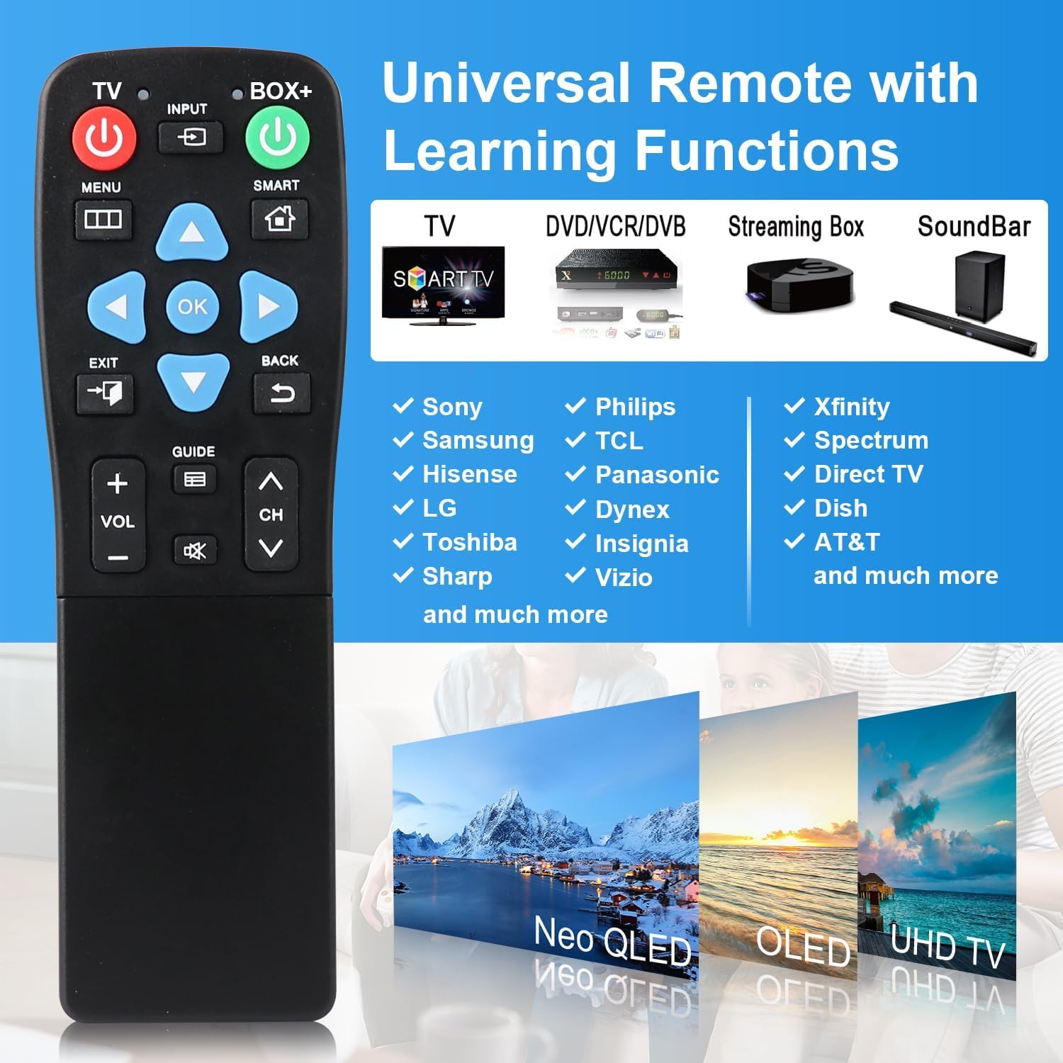 XGBFH Télécommande universelle à gros boutons pour personnes âgées, 2 appareils de contrôle – Fonctions d'apprentissage, utilisation pour TV, boîte de streaming, récepteur audio, lecteur DVD/VCR/SAT