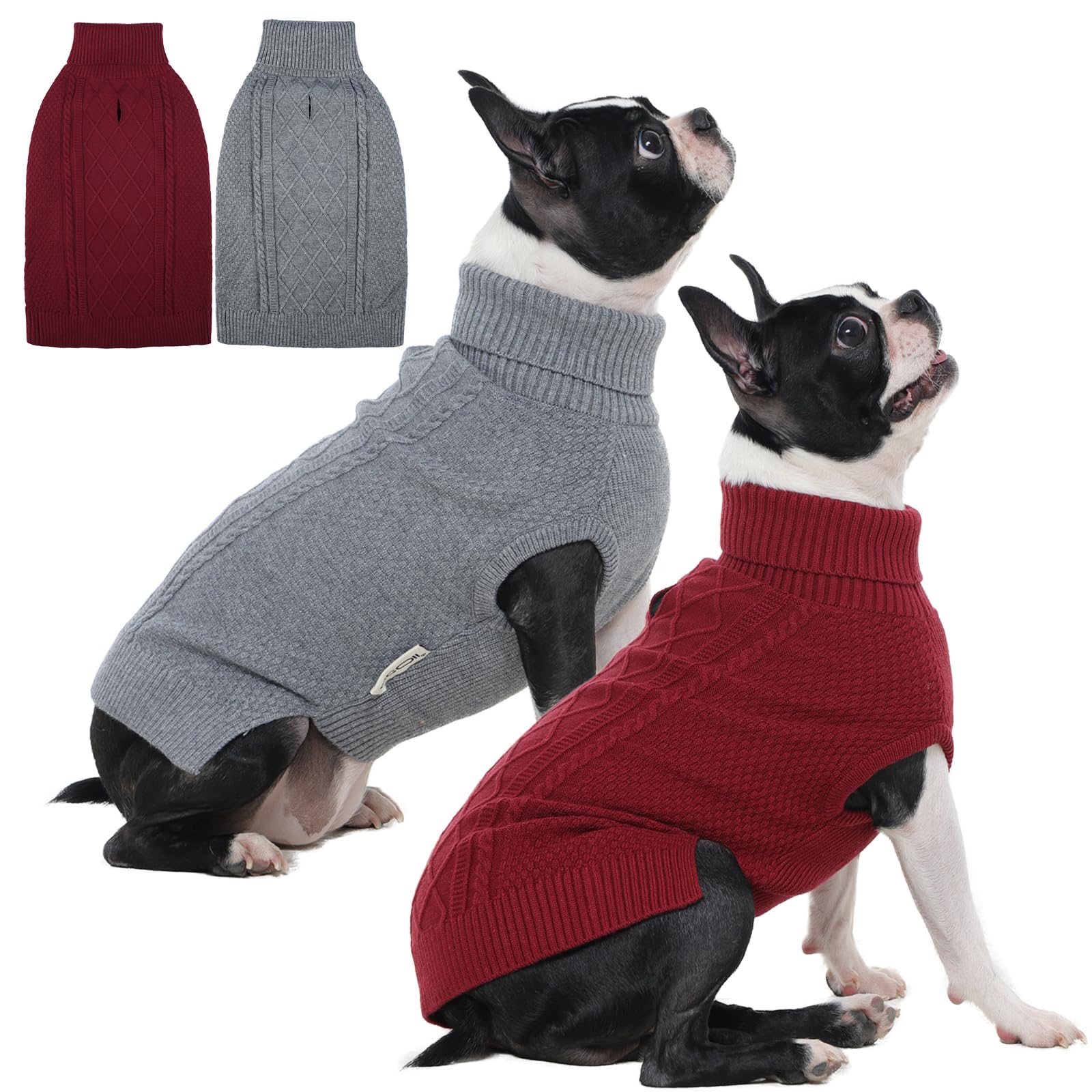 IECOii Lot de 2 pulls à col roulé confortable pour petit chien fille et garçon, chandail en tricot torsadé avec trou pour laisse, pull extensible et doux pour teckel, bordeaux et gris, taille M