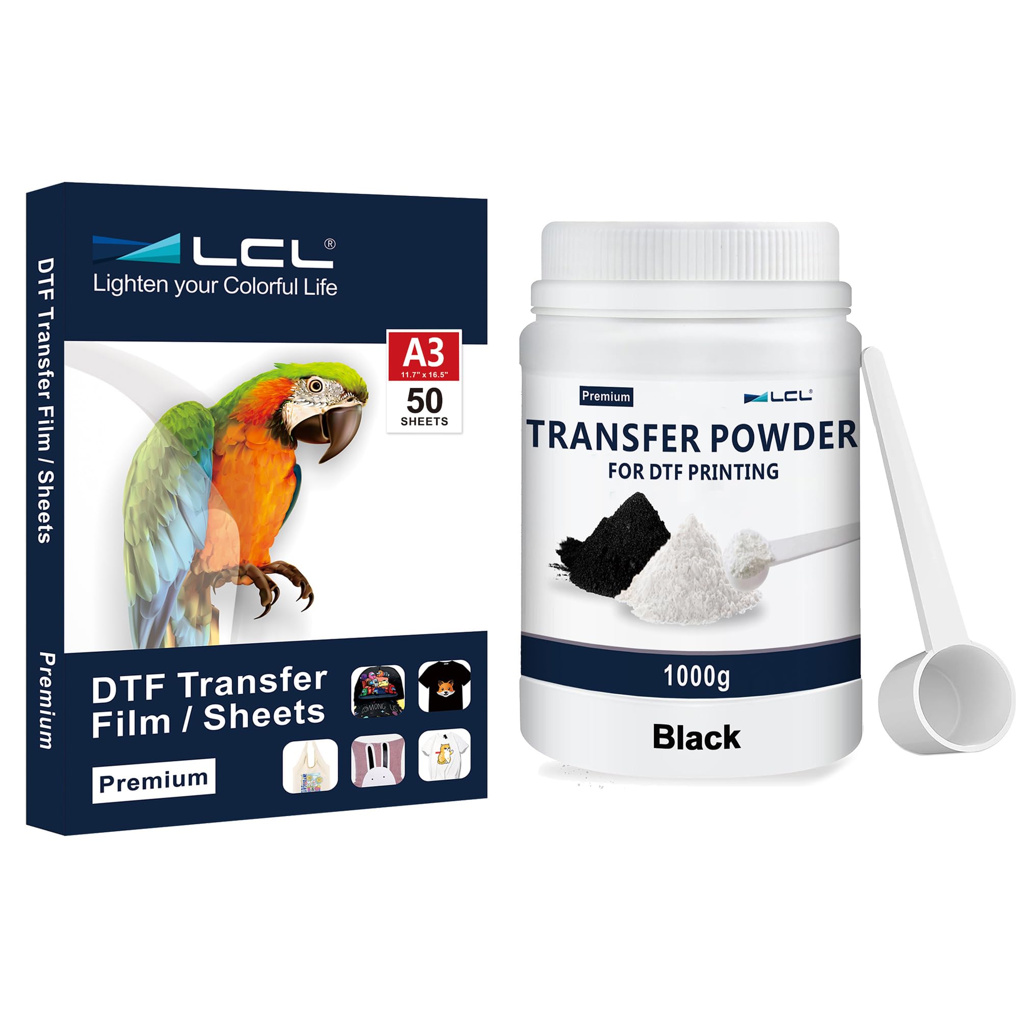 LCL 1000g/35.3oz DTF Powder Black Digital Transfer Hot Melt Adhesive and 50 Sheets A3 DTF Transfer Film (11.7 x 16.5 inches) for All DTF Printers and Materials (Textile, Polyester, Cotton, etc.)