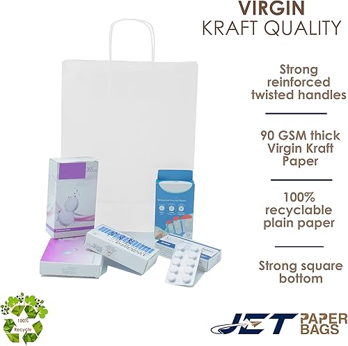 Miniatura 6 de JET PAPER BAGS Bolsas de regalo de papel kraft virgen de 10 x 5 x 13 pulgadas con asas trenzadas a granel. Ideal para bricolaje, negocios, comida