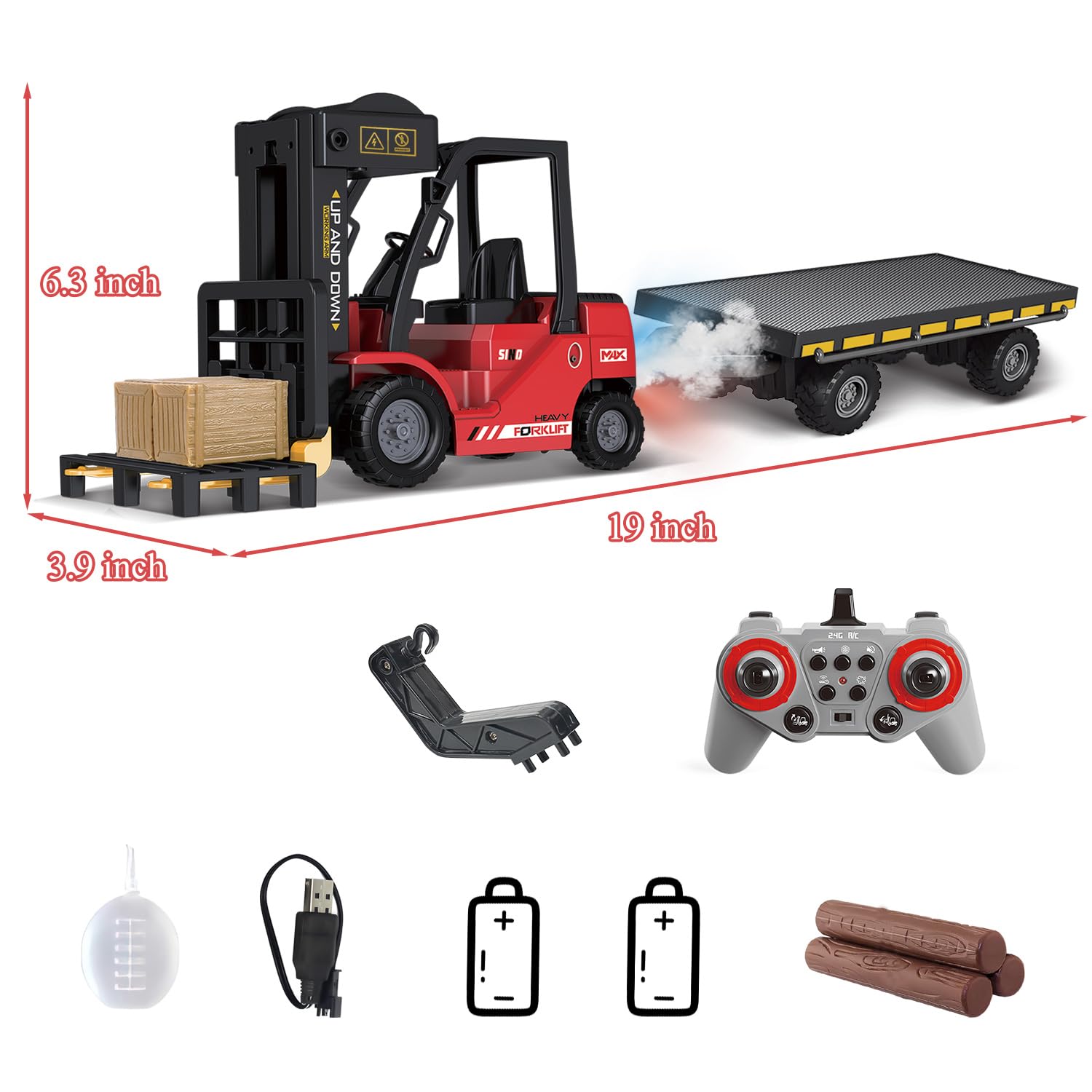 Mostop Carretilla elevadora RC con placa de soporte de construcción,Carretilla elevadora teledirigida 1/24 con cajas/sonido y spray de luz,Dos baterías recargables y cargador,Regalos para niños y