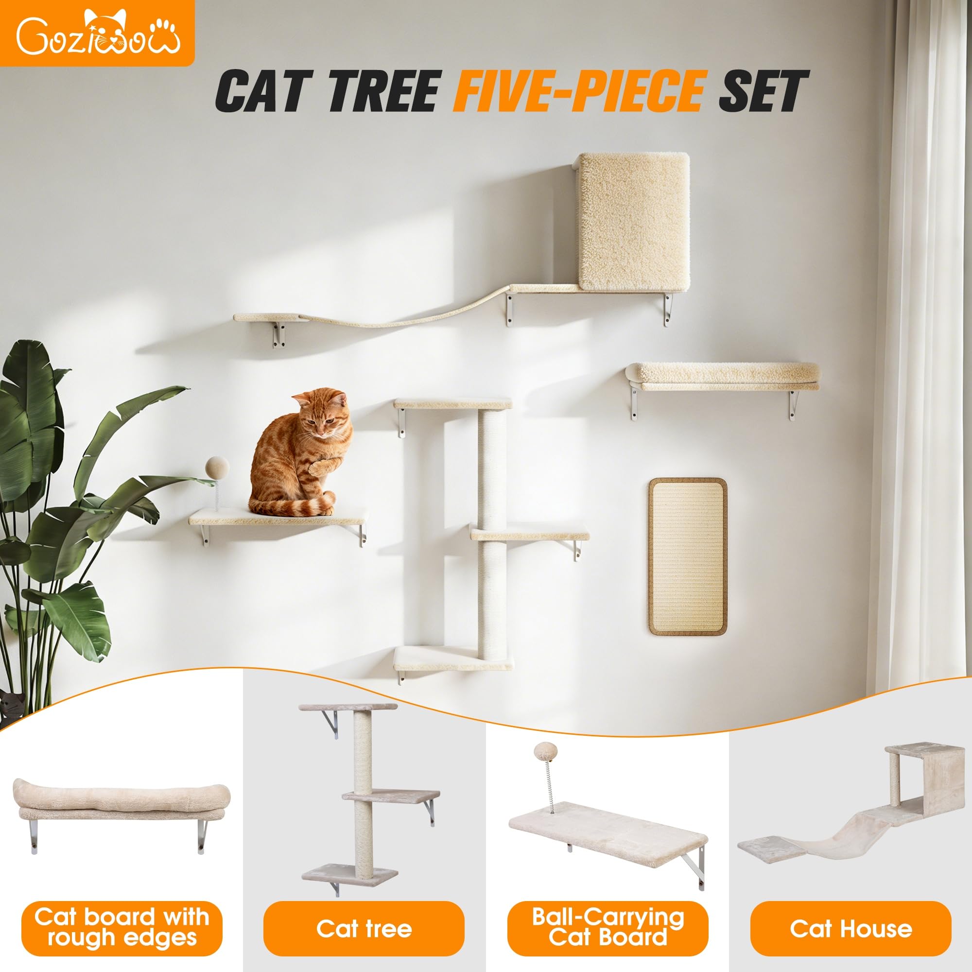 COZIWOW Cat Wall Shelves Set, 5-Piece Wall Mounted Cat Furniture with Cat Tree & Scratching Post, Floating Cat Perches for Indoor Cats（Beige） - image 2