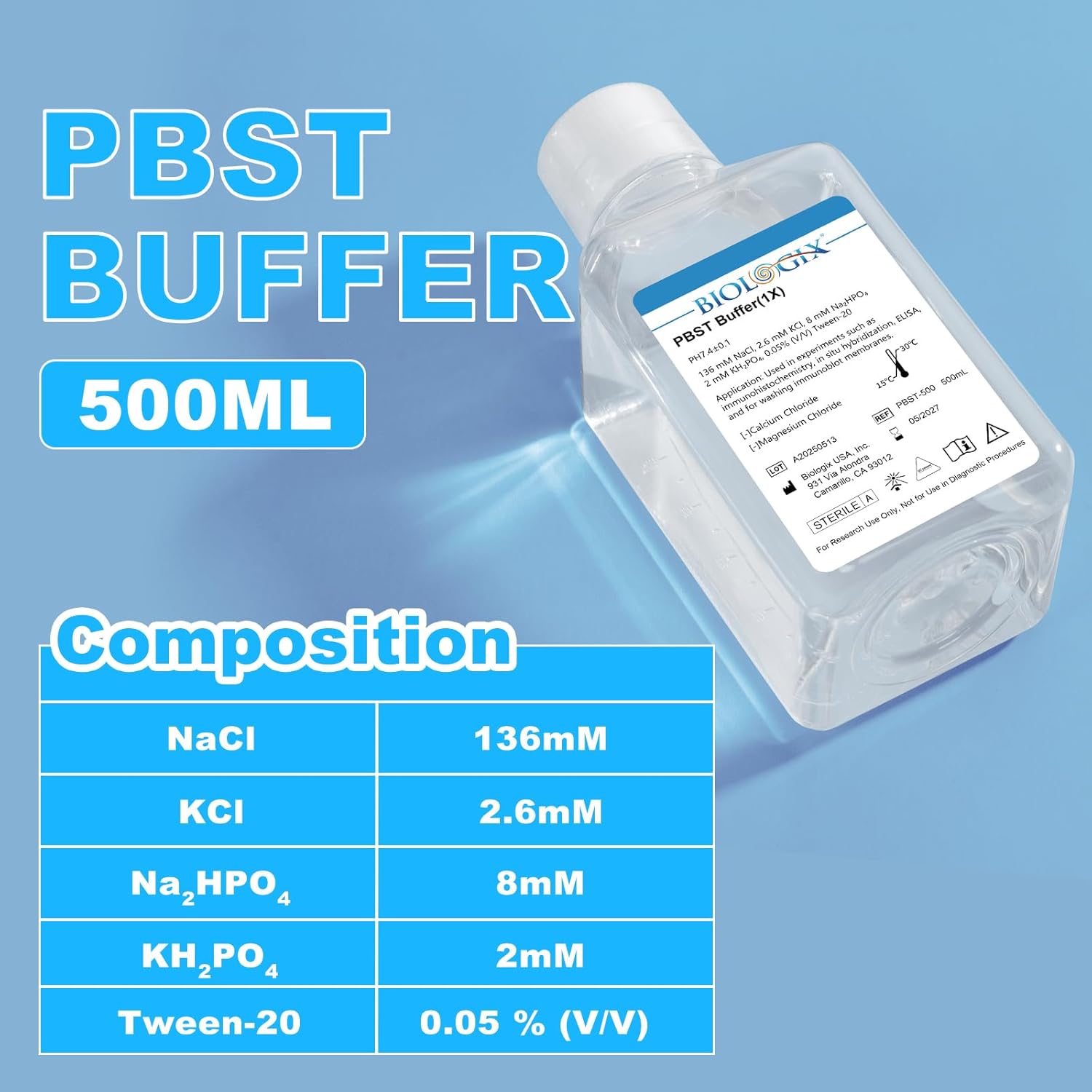 Phosphate Buffered Saline with Tween-20 (1×), Lab PBST Buffer, 0.1um Filtration Sterilized, 7.4 pH, Reay to Use, 500ml/Bottle, 2 Bottles/Case