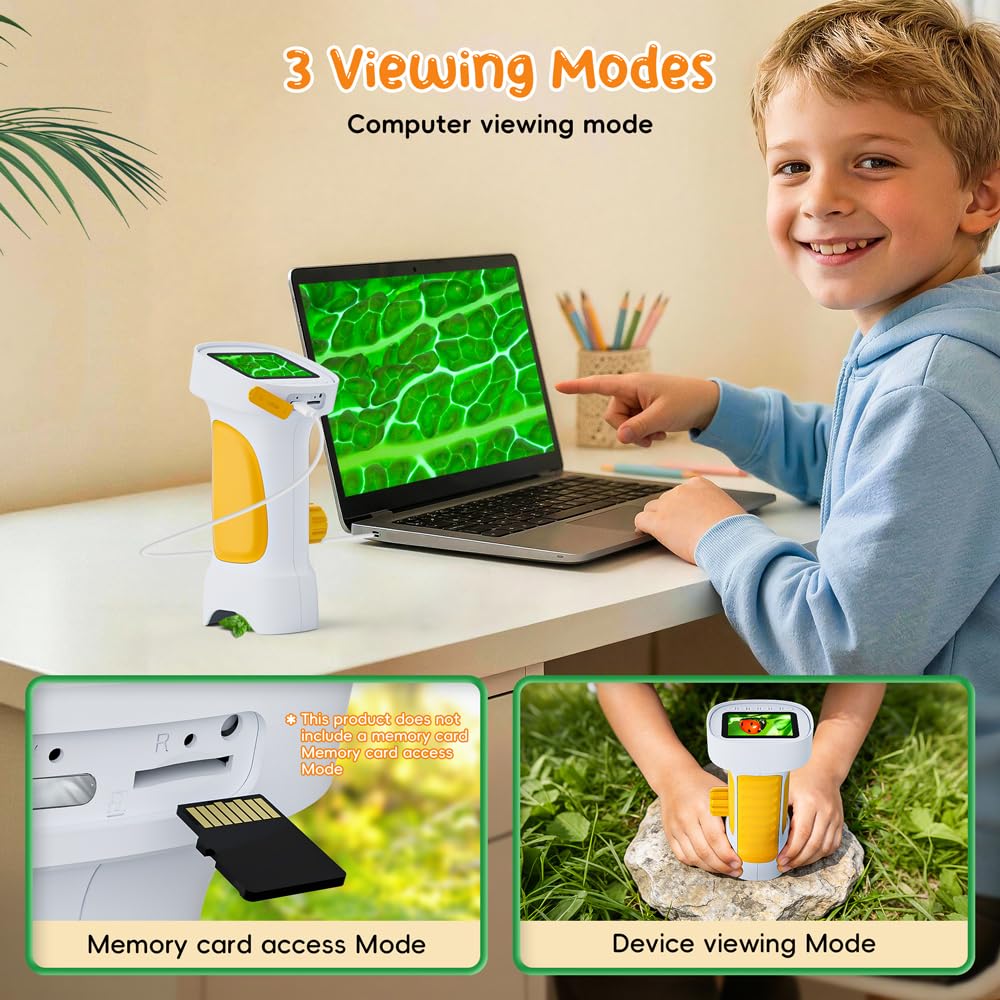 1000X Microscopio Bambini, Temodu Microscopio Digitale Bambini da 2.4‘’, con 8 luci LED Regolabili, può essere utilizzato come regalo di compleanno o di Natale 3 agli (White+Yellow)