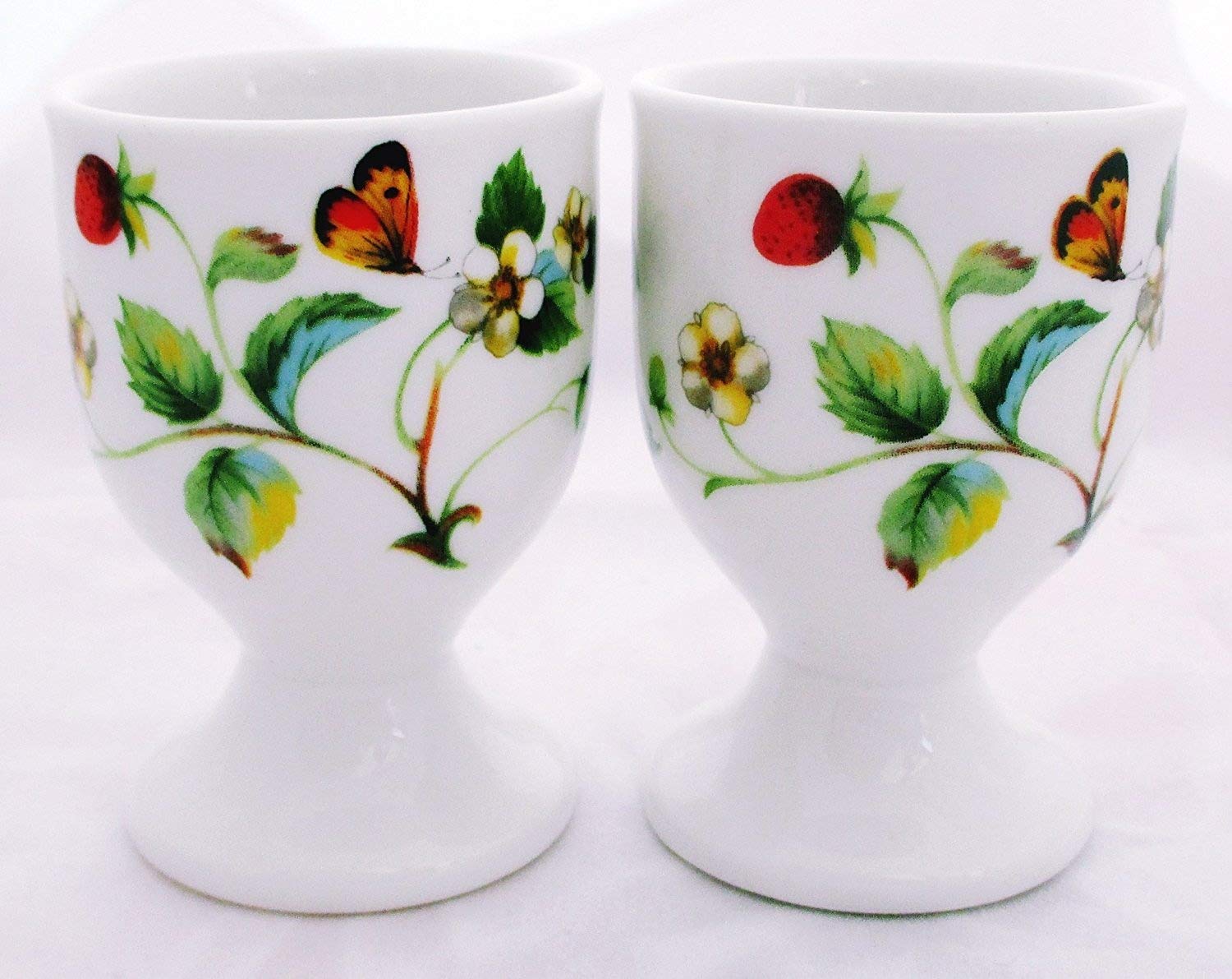 Fromeuropewithlove White Strawberries & Butterflies Eggcups Set Of 2 Bone China Strawberries Butterflies Egg Cups Hand Decorated In Uk