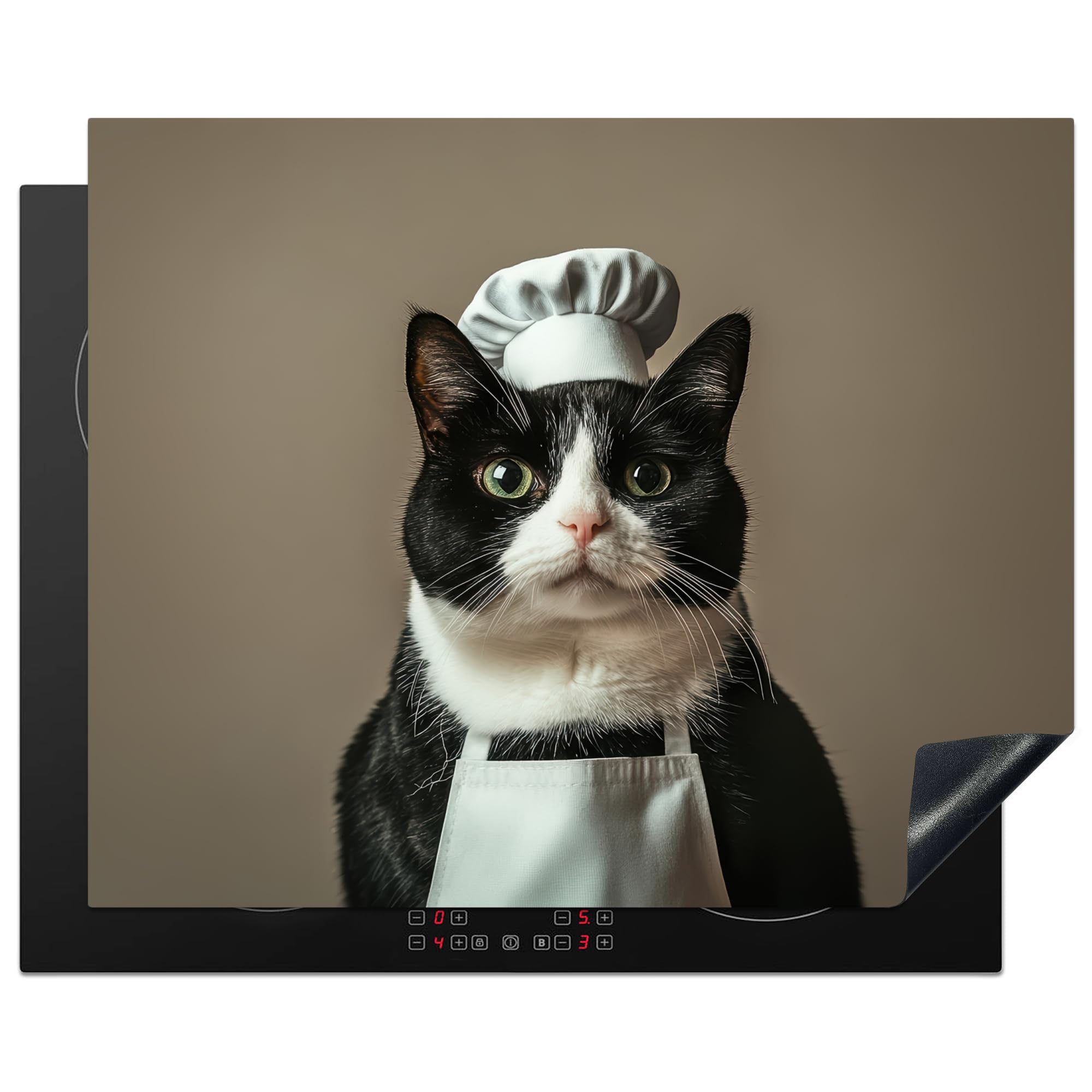 KitchenYeah© Induction Hob Cover Protector Mat 20.5"x25.6" / 65x52 cm Kitchen Universal Ceramic Covers for Electric Cookers Vinyl Cat - Chefs Hat - Black - White