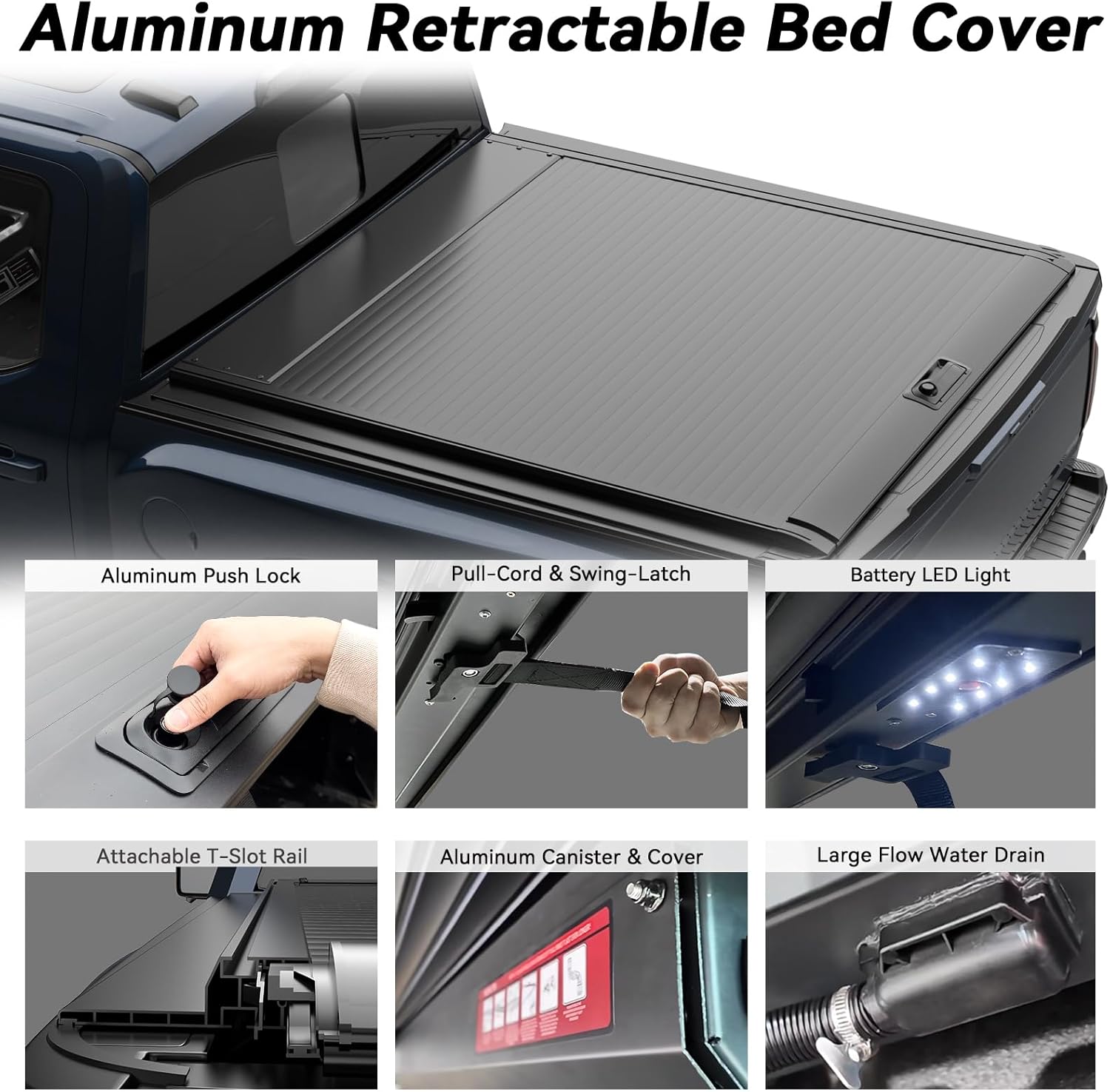 Retractable Hard Truck Bed Tonneau Cover for 2016-2023 Tacoma 5FT Bed| All Aluminum | Manual Control | Water Proof