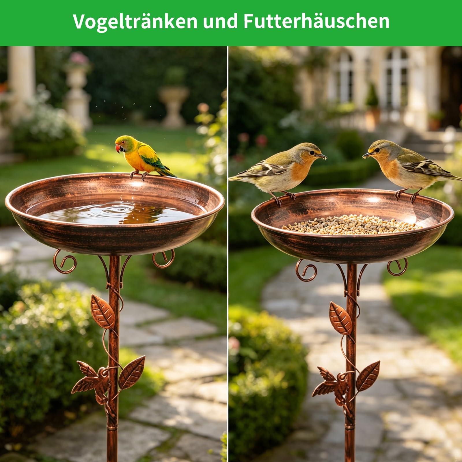 Vogeltränke Stehend, 100cm/39.5inch Vogelbad Garten, 3-in-1 vogeltränke metall mit Vogelrelief, für Draußen Garten Hof Rasen