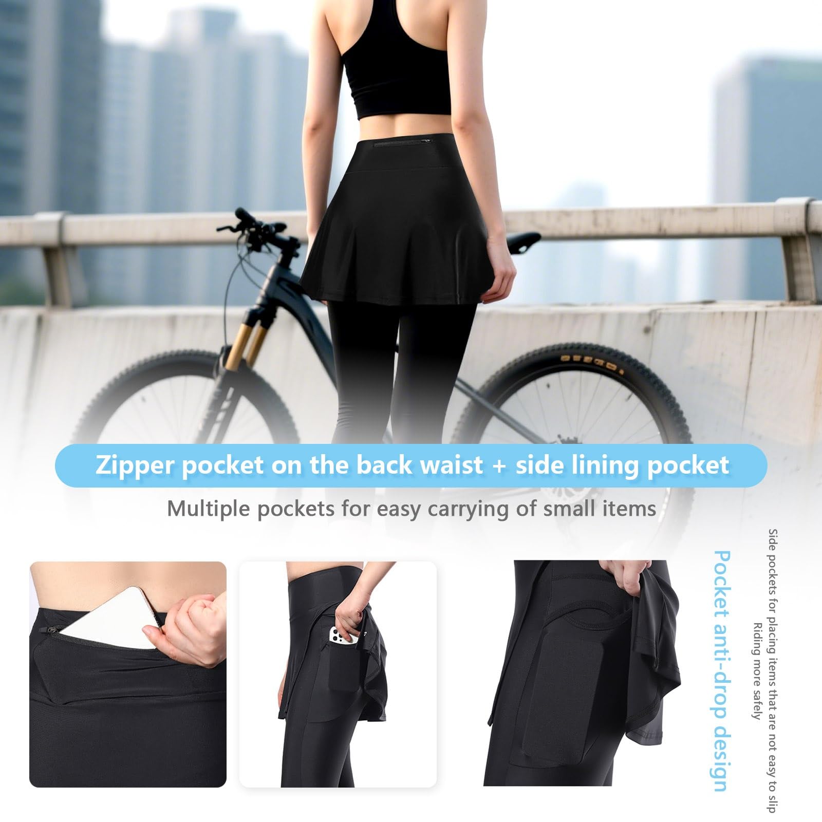 Radlerhose Damen mit Rock Lang Fahrradrock Leggings Atmungsaktiv High Waist Schnelltrocknend Radhose mit Verdeckter Tasche und 4D Sitzpolster für Stadtradeln(L)
