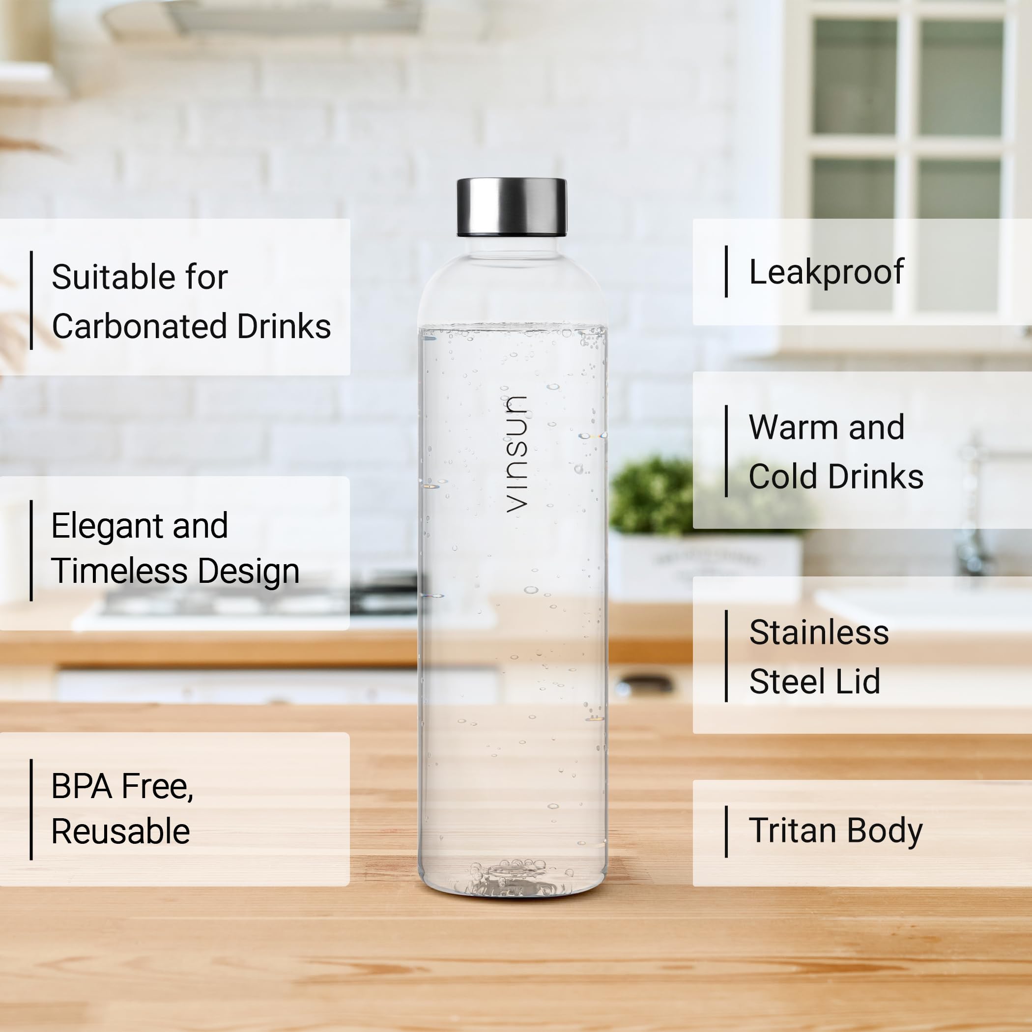 VINSUN Water Bottle 1L Transparent, Leak-proof Water Flask, BPA free, Reusable, Tritan, Drinks Bottle for Sports Gym, Travel - Image 2