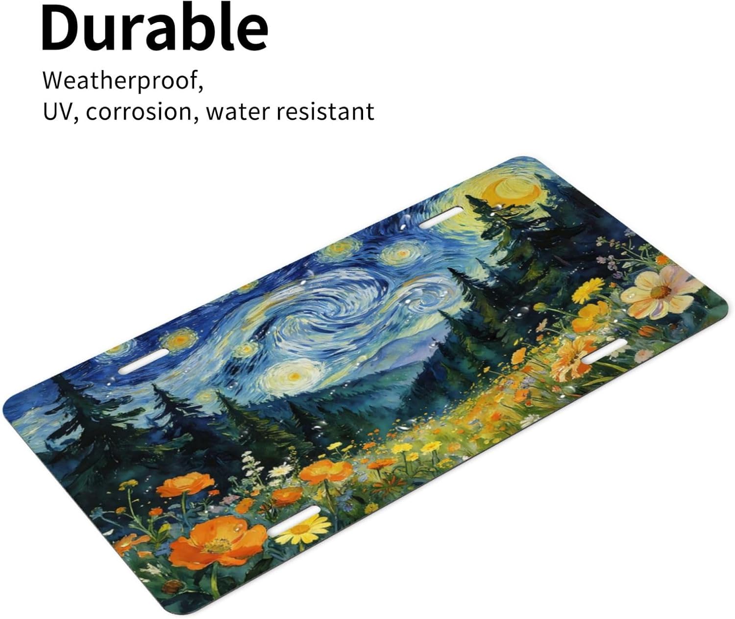 Starry Night Forest Wildflower Van Gogh Front License Plate Aluminum Decorative License Plates Funny Metal Car Plate Novelty Vanity Tag 6"X12" Car Decor Accessory with 4 Holes for Men Women